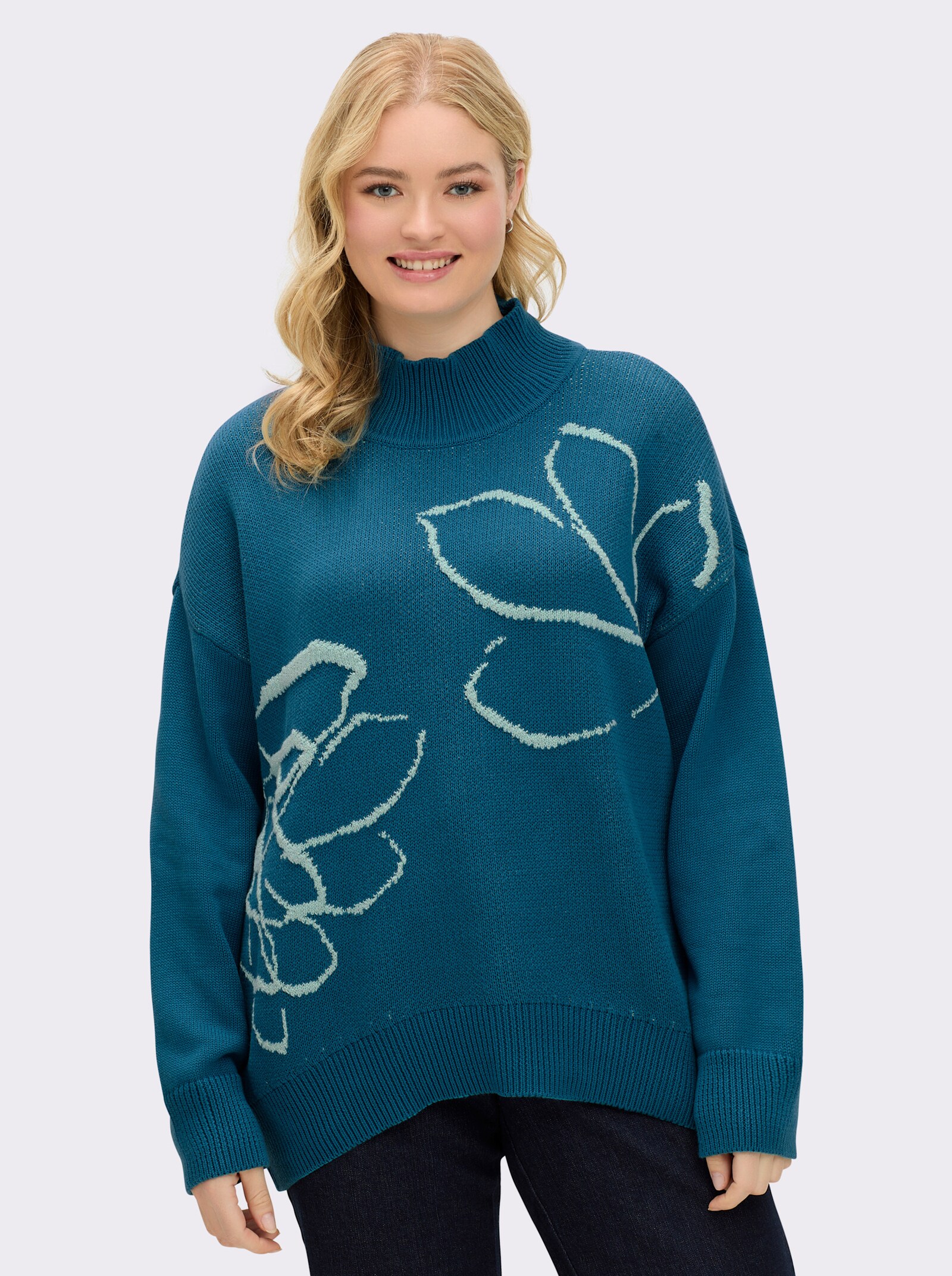 sheego Pullover met glinsterend intarsiapatroon - topaas/kalkmint gedessineerd