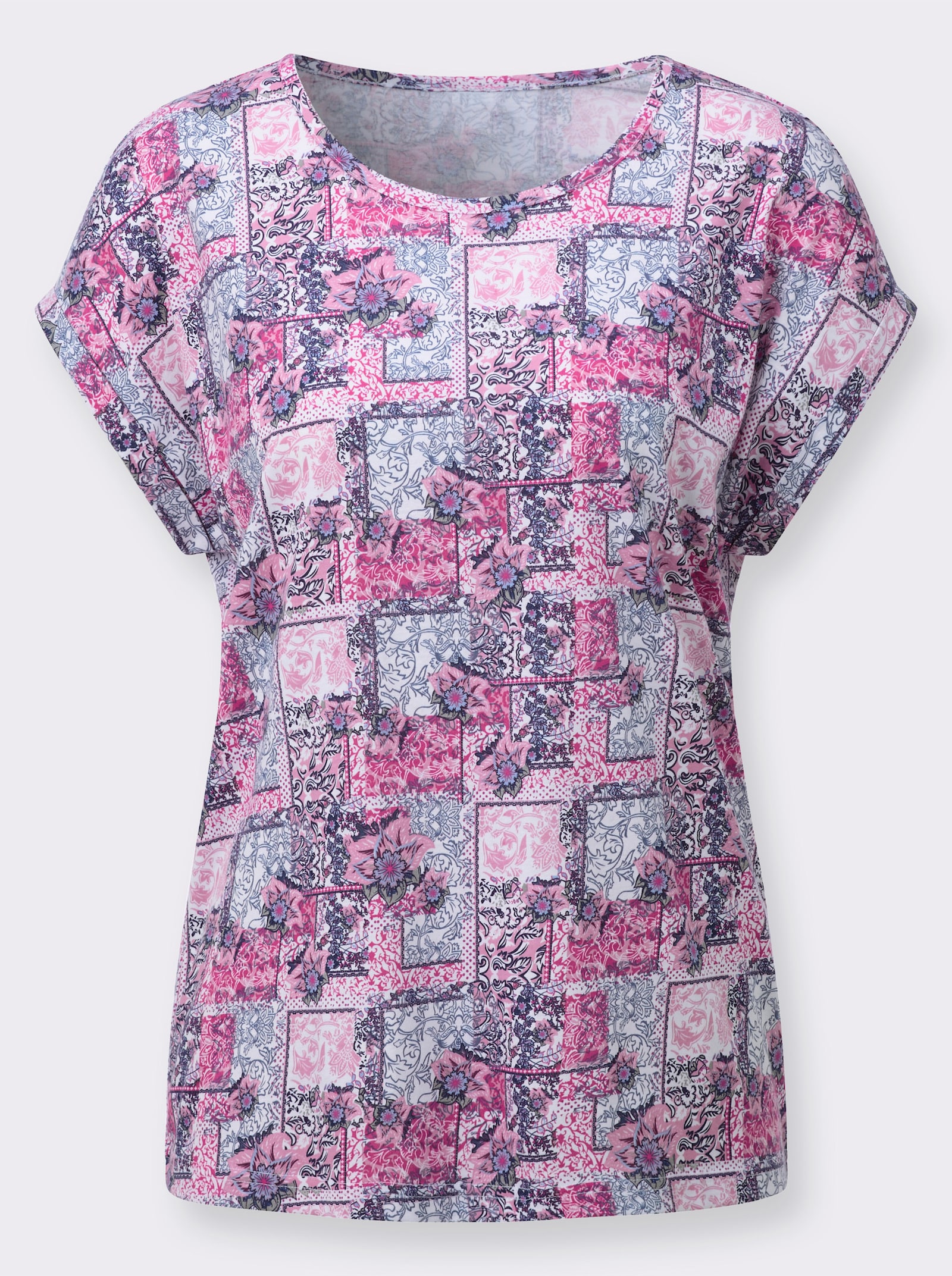 Kurzarmshirt mit Patchwork-Dessin - fuchsia-bedruckt