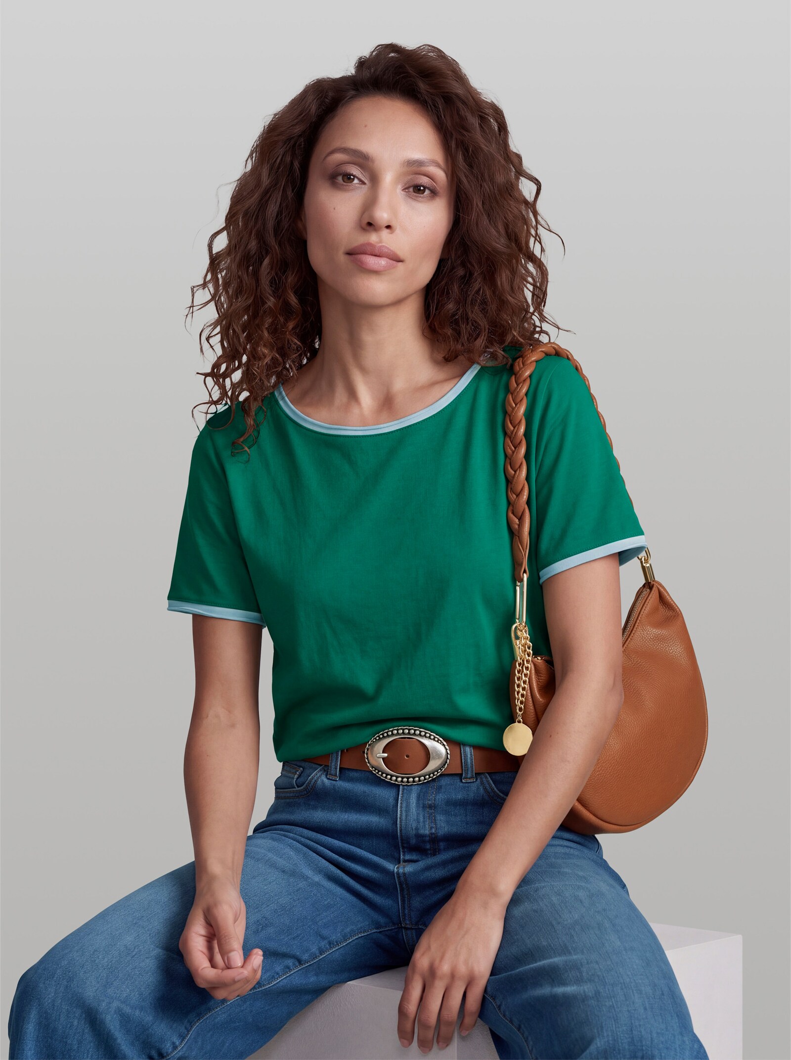 heine Kurzarmshirt mit Rollkanten - grün-hellblau