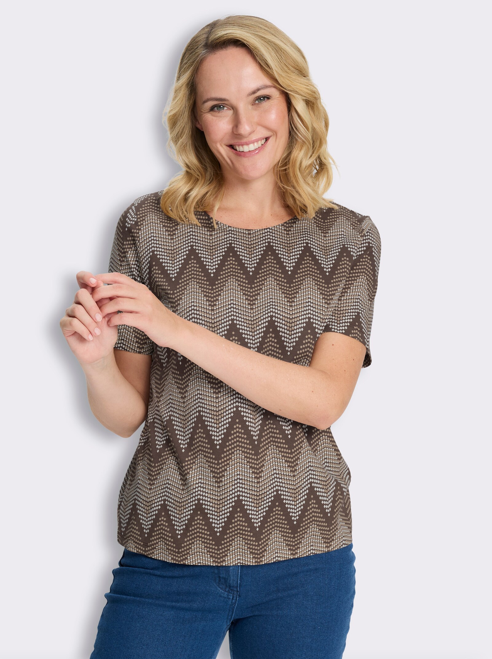 Rundhalsshirt mit Zickzack-Muster - schoko-beige-bedruckt