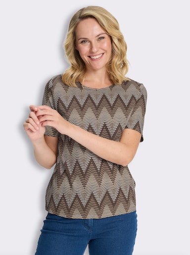 Rundhalsshirt mit Zickzack-Muster - schoko-beige-bedruckt