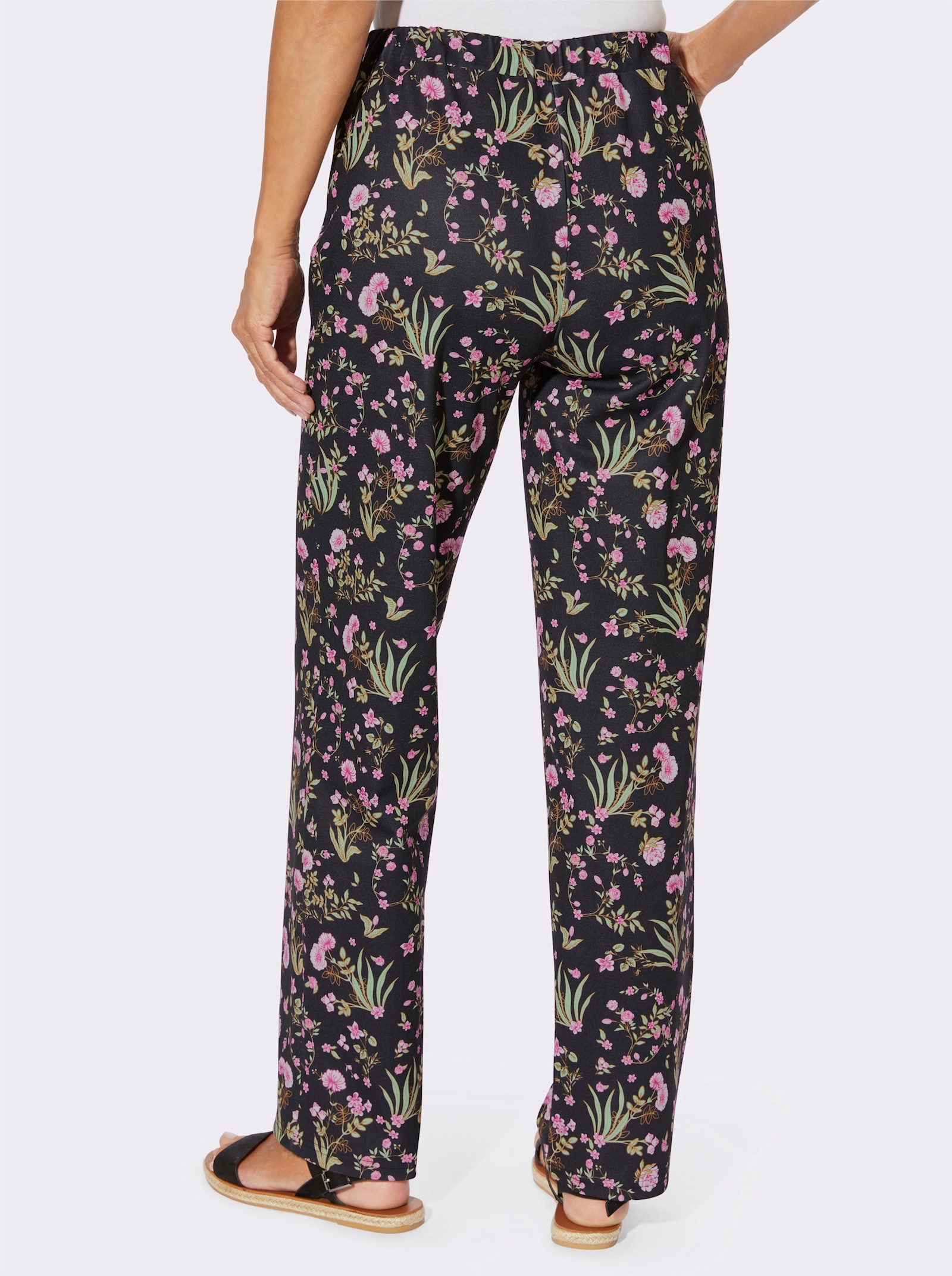 Jerseyhose mit Dehnbund - schwarz-rosé-bedruckt