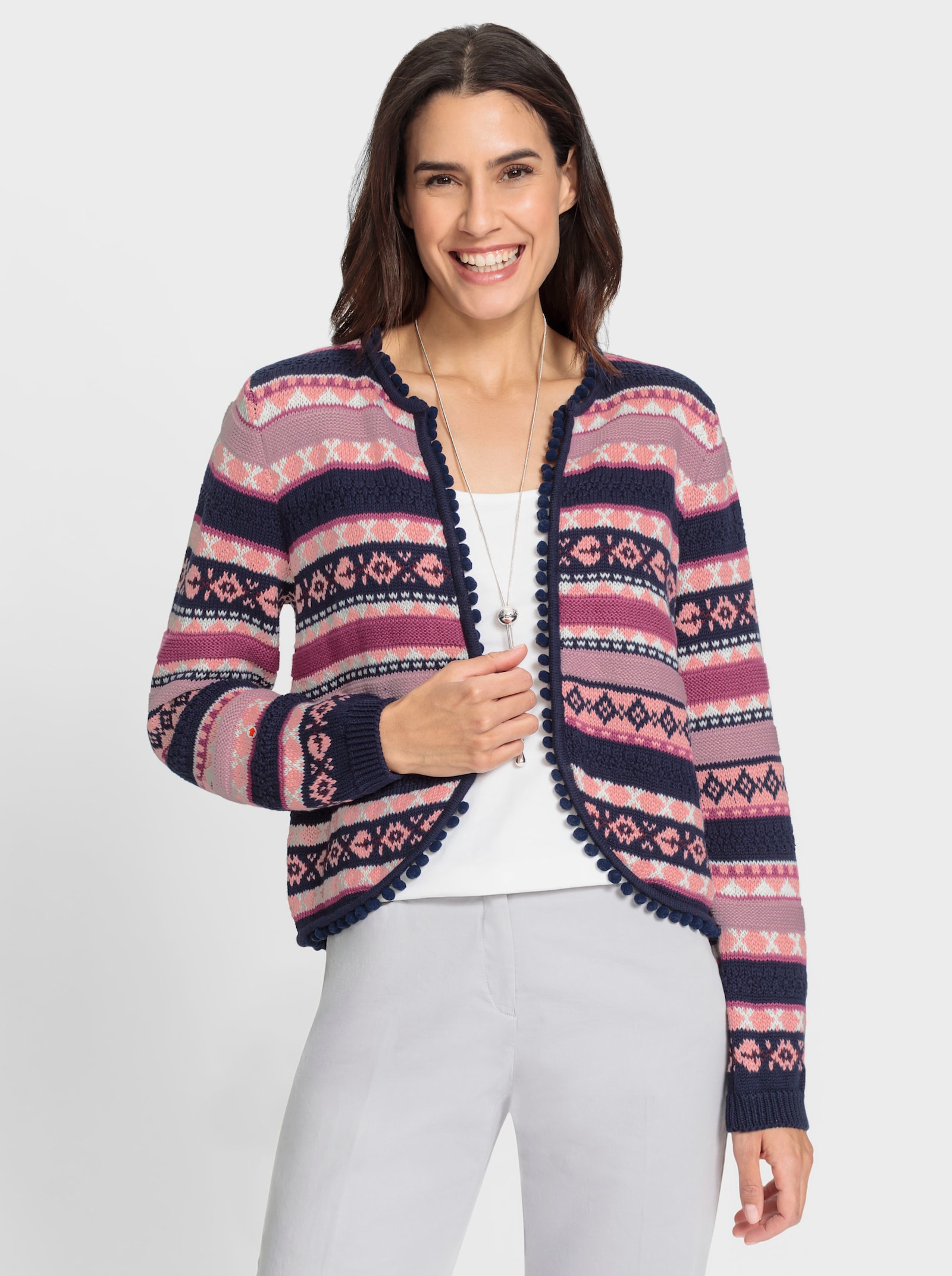 Pletený kabátek s lemem s bambulkami - námořnická modrá-vřesová-vzor