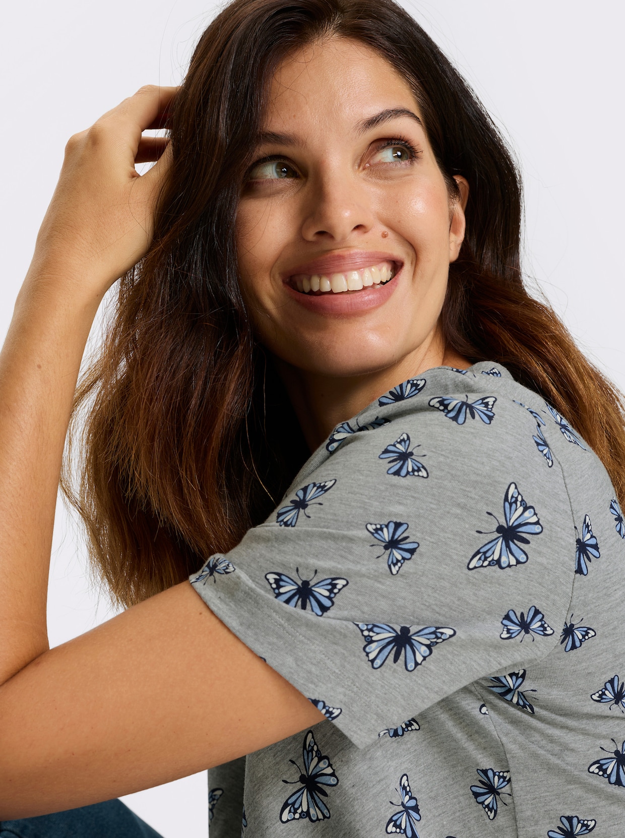 Longshirt - grau-meliert-marine-bedruckt