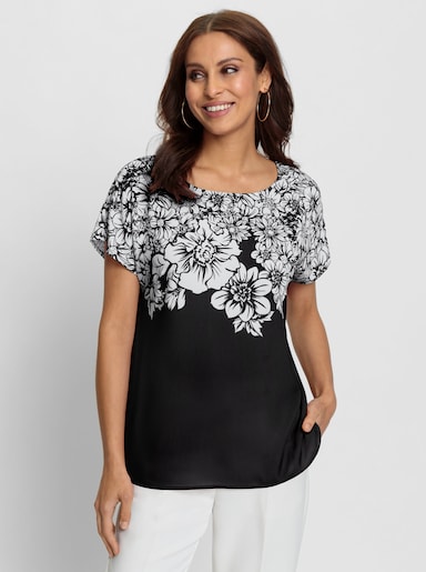 Schlupfbluse mit Blüten-Druck - schwarz-weiß-bedruckt