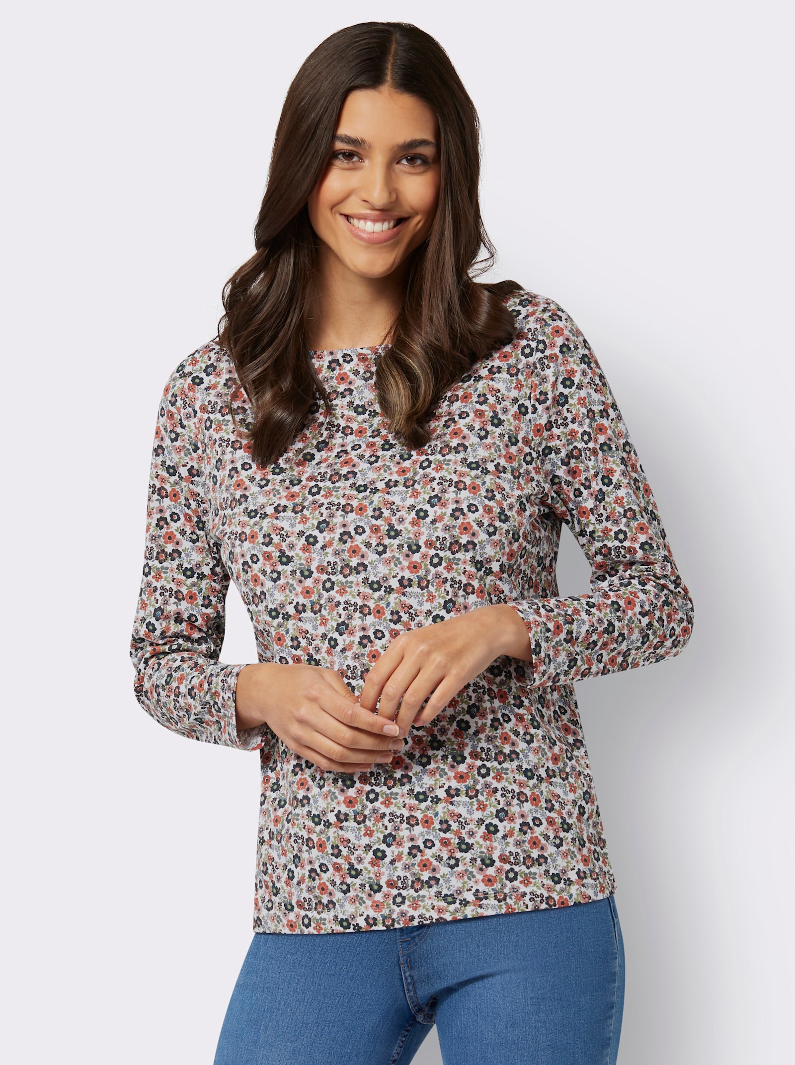 Shirt met lange mouwen en bloemenprint - ecru/rozenhout gedessineerd