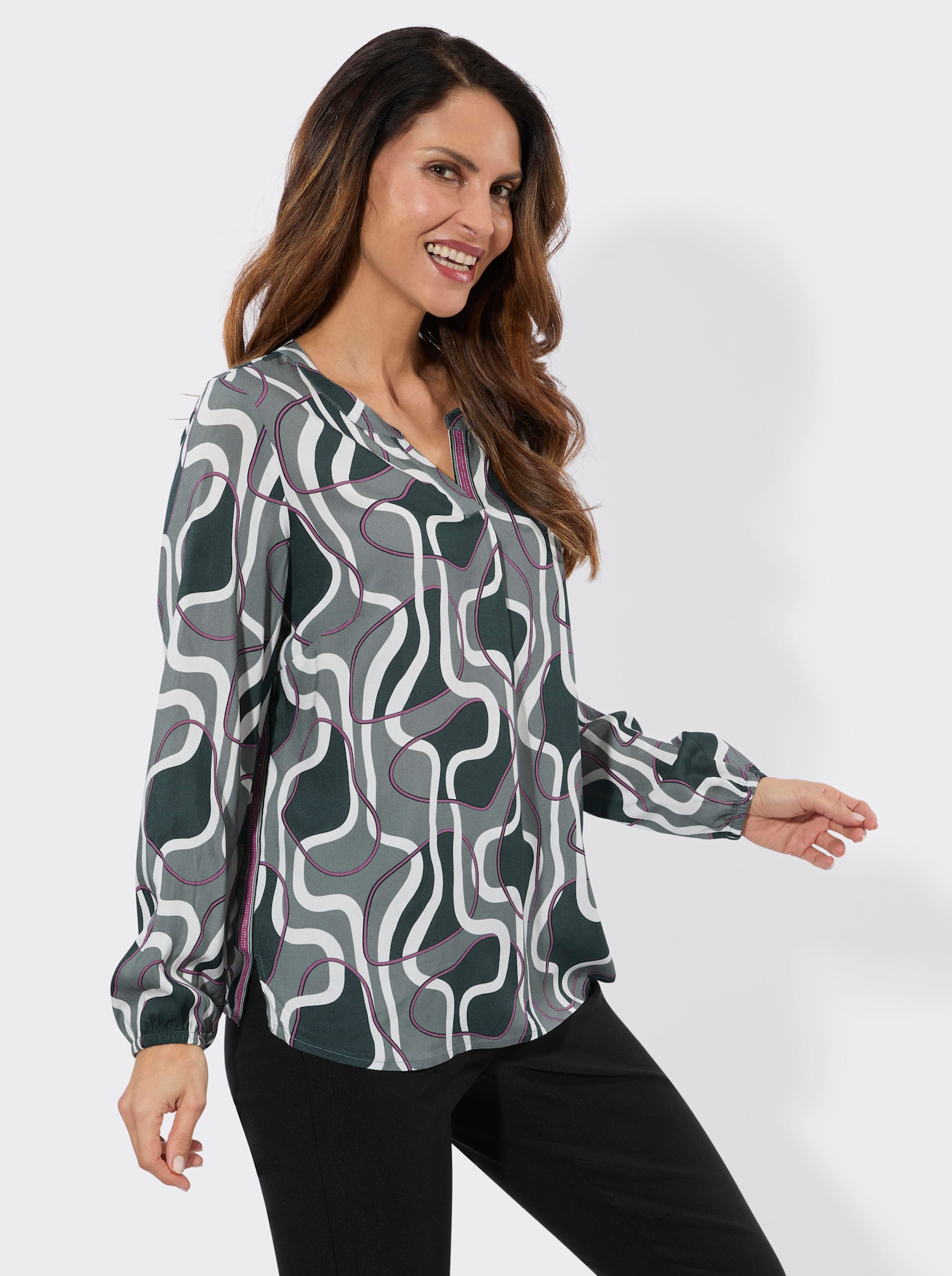 Schlupf-Bluse mit Zierbändern - petrol-erika-bedruckt