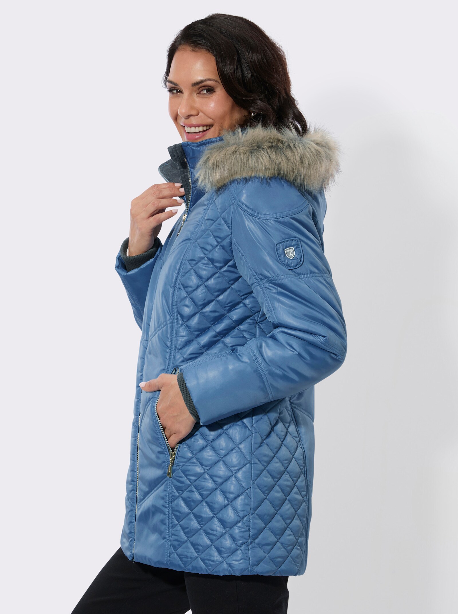 Steppjacke mit Kapuze mit Pelz-Imitat - mittelblau