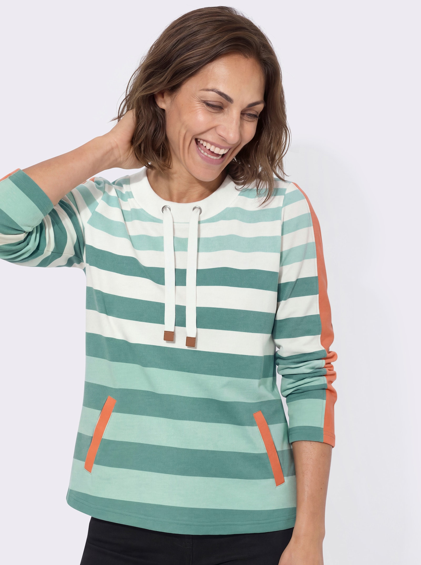 Sweatshirt mit Ringeln und Kontrast-Details - jade-ecru-geringelt