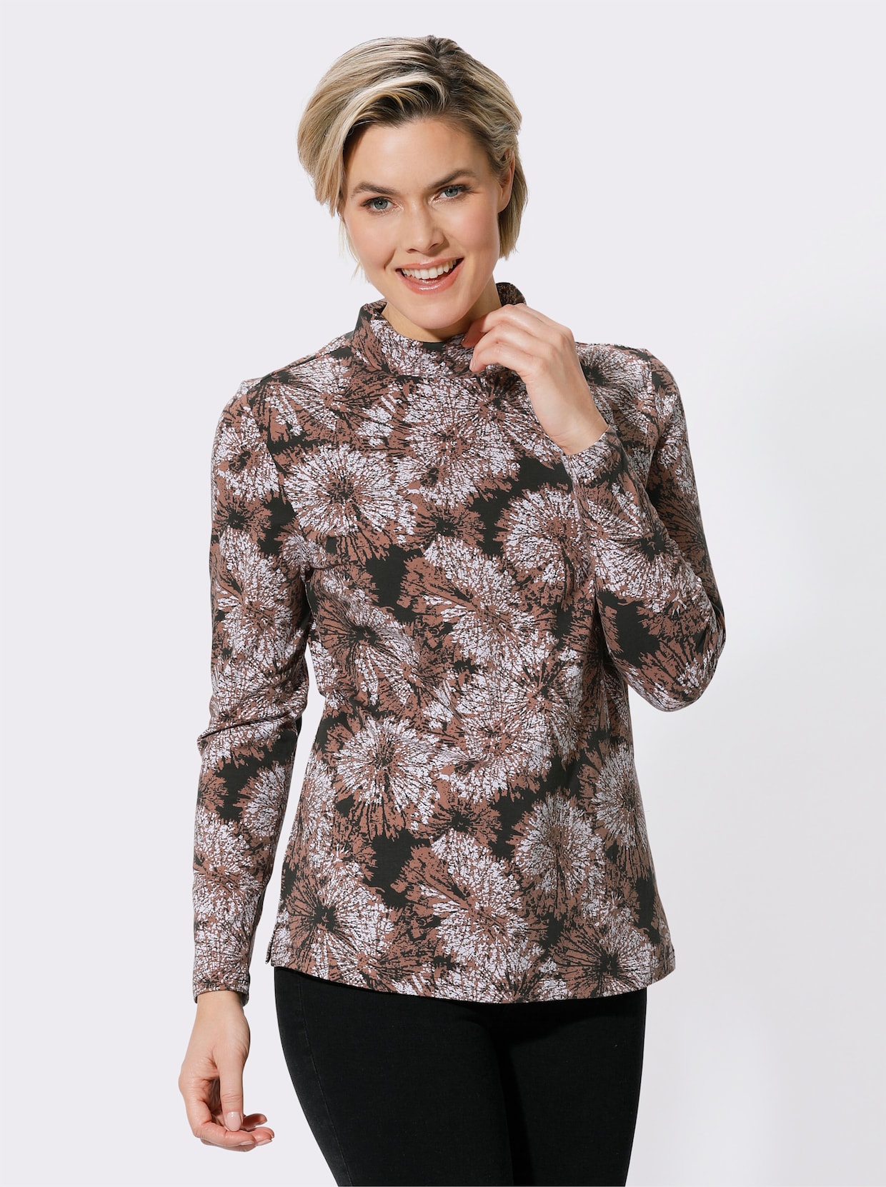 Stehkragenshirt - rosenholz-graphit-bedruckt