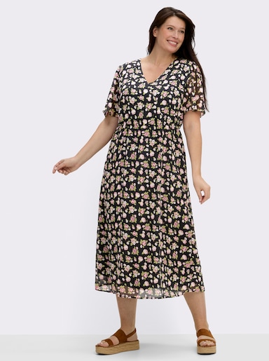  Blumenkleid in Georgette-Qualität - schwarz-weiß-gemustert