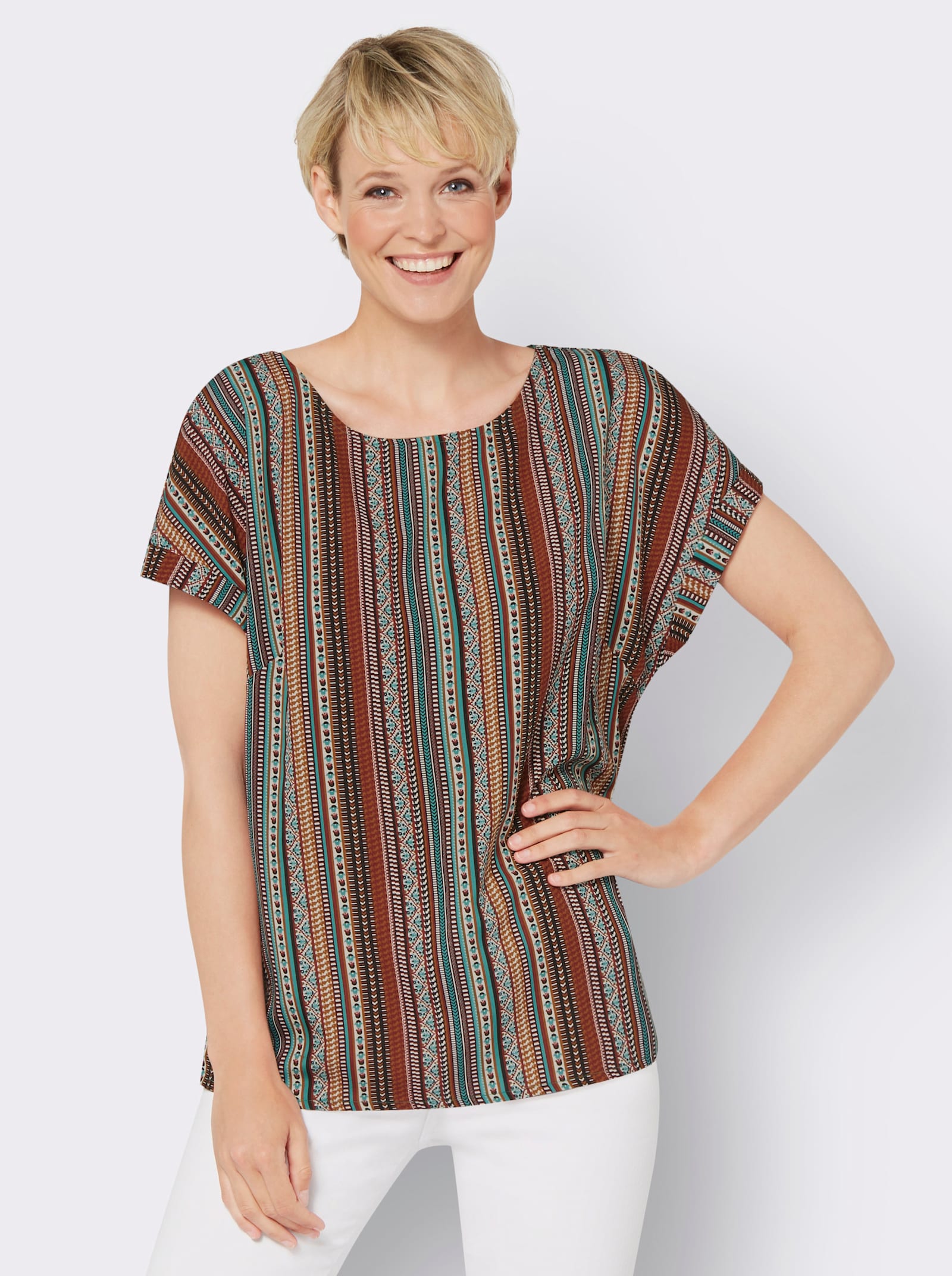 Navlékací halenka s etno vzorem - tmavěčervená-smaragdová-proužek