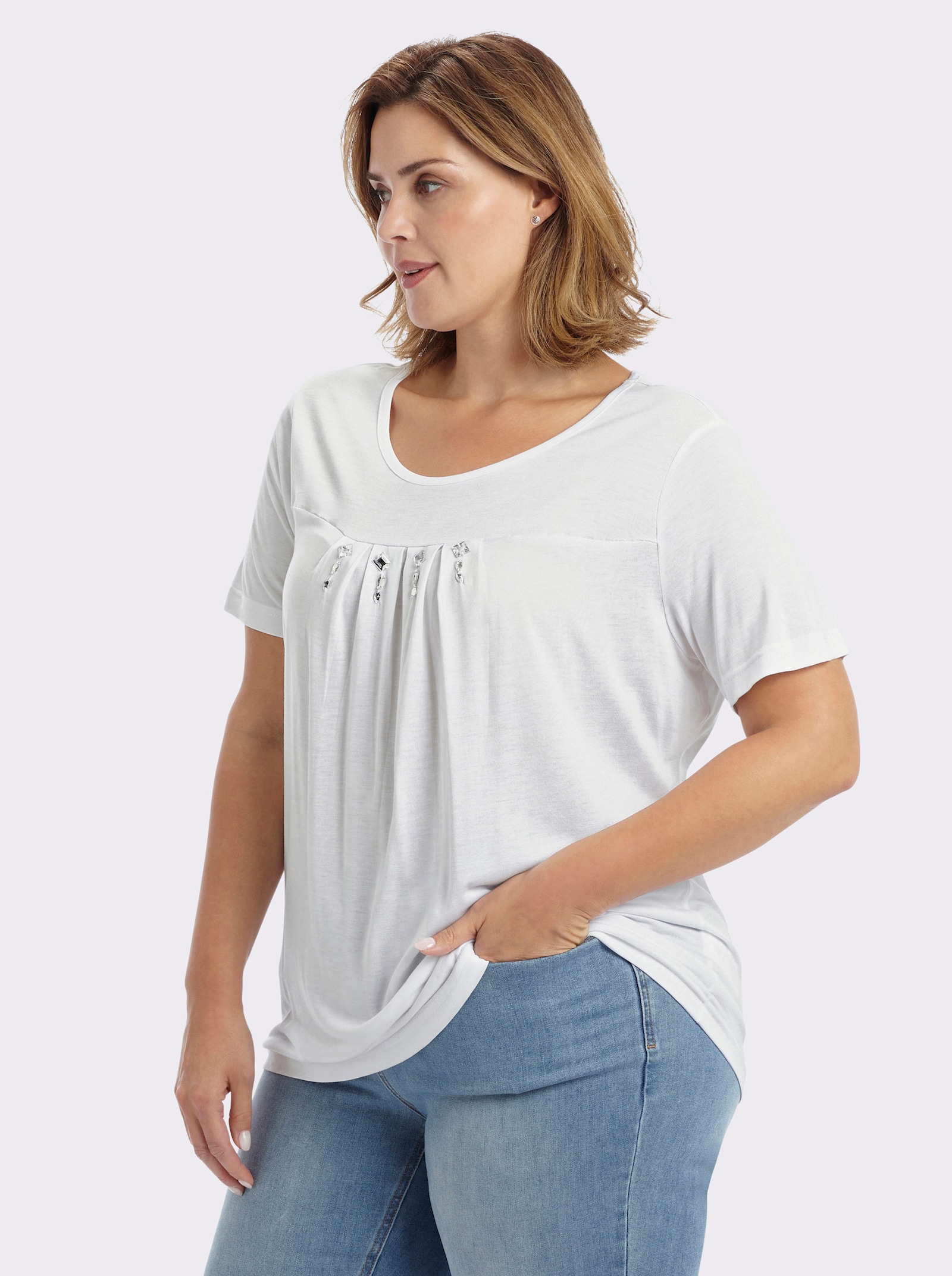 Kurzarmshirt mit Ziersteinchen, reine Viskose - weiß