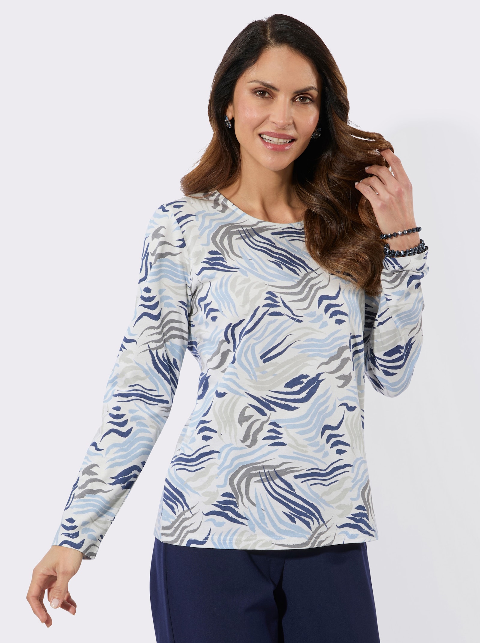 Langarmshirt im Grafik-Dessin - ecru-rauchblau-bedruckt