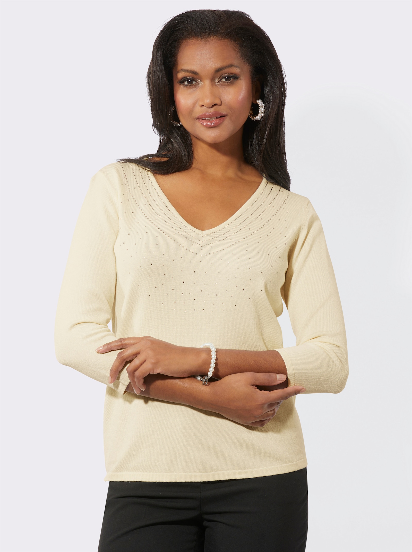 3/4 Arm-Pullover mit Glitzersteinchen - champagner