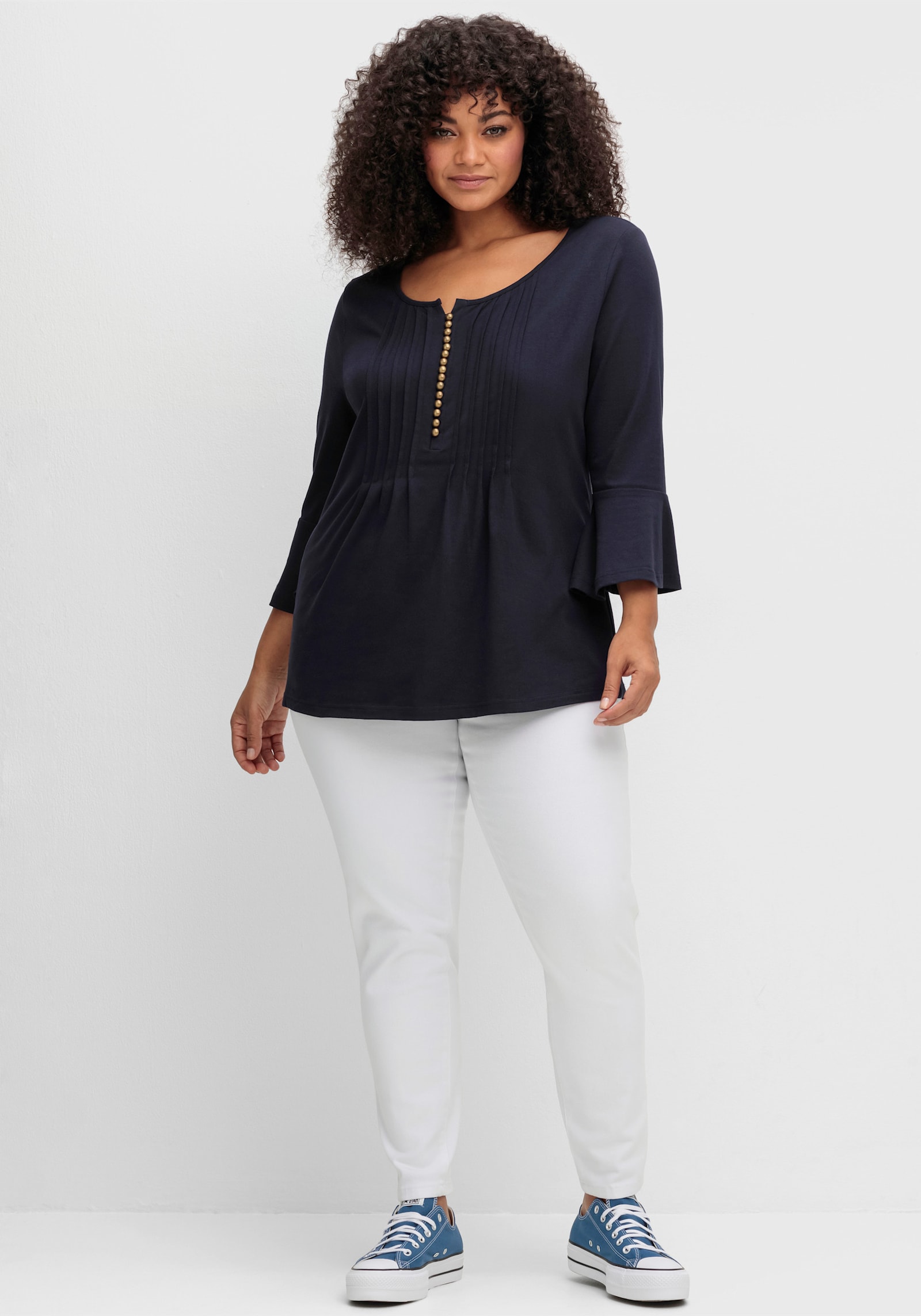 sheego by Joe Browns Shirt met 3/4-mouwen, biezen en volants - nachtblauw