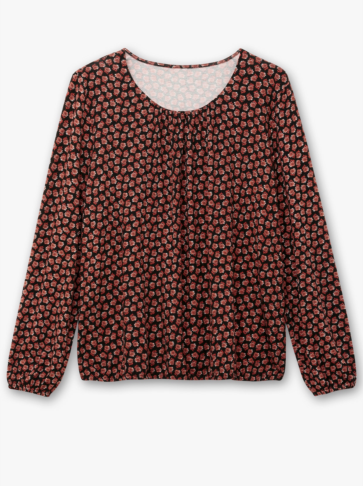 Print-Shirt mit Gummizug an Ärmeln und Saum - schwarz-rostrot-bedruckt