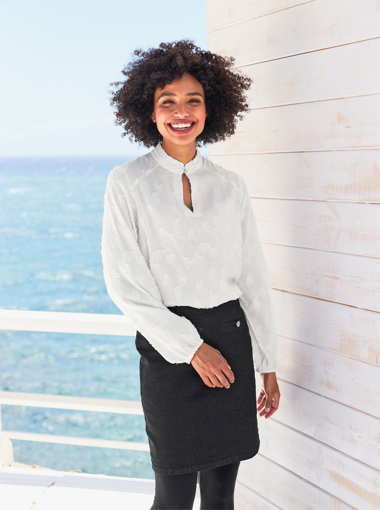 heine Bluse mit Stehkragen und Raffung - weiss