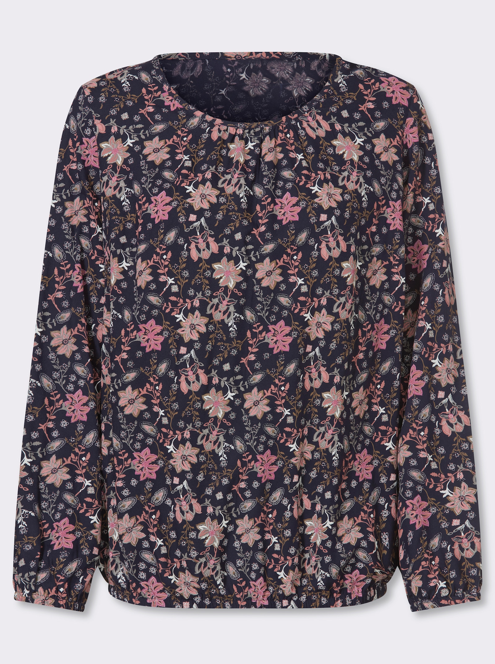 Schlupfbluse mit Raffung am Ausschnitt - marine-rosenquarz-bedruckt