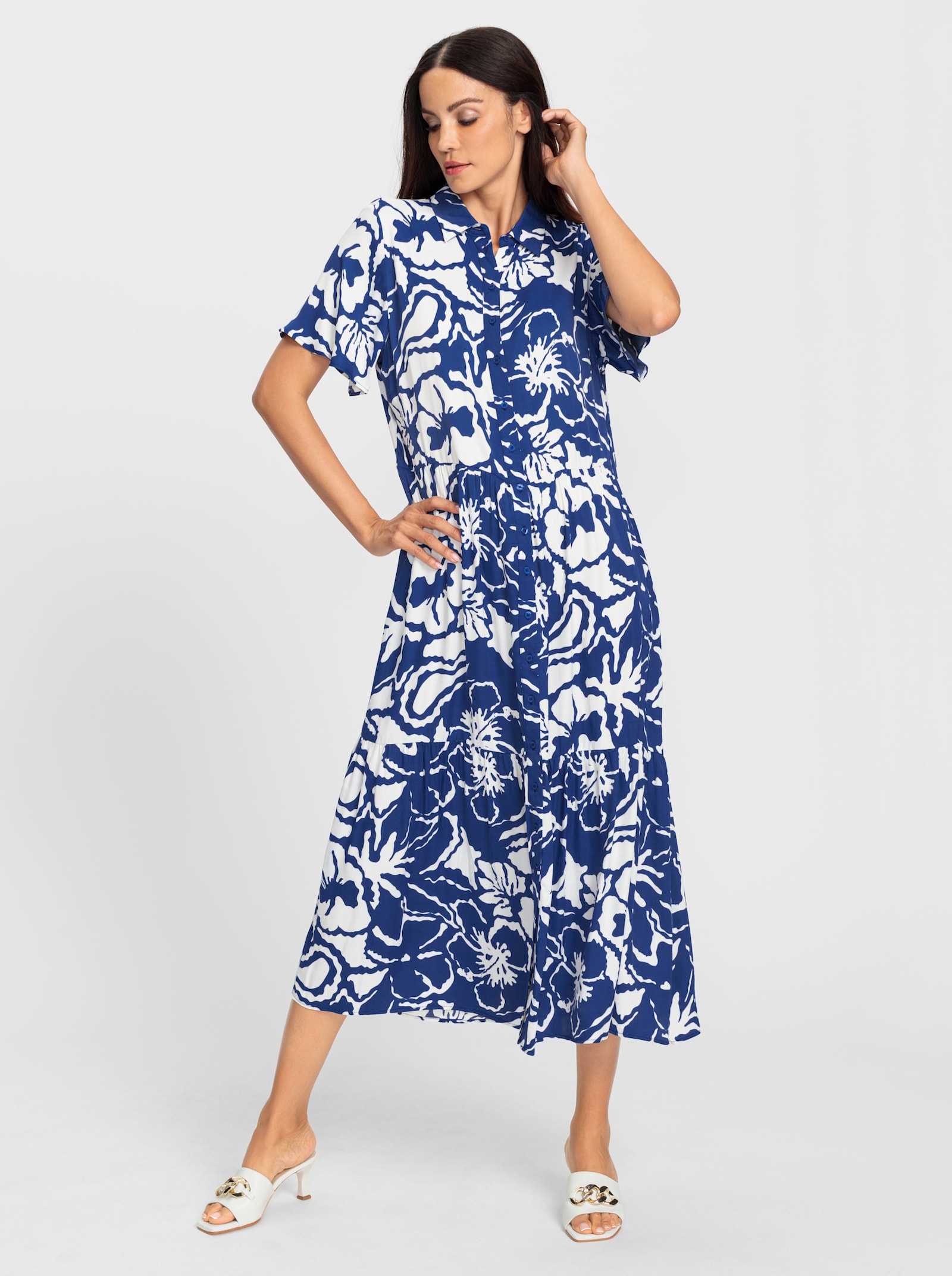 heine Druckkleid mit Glockenärmel - royalblau-ecru-bedruckt