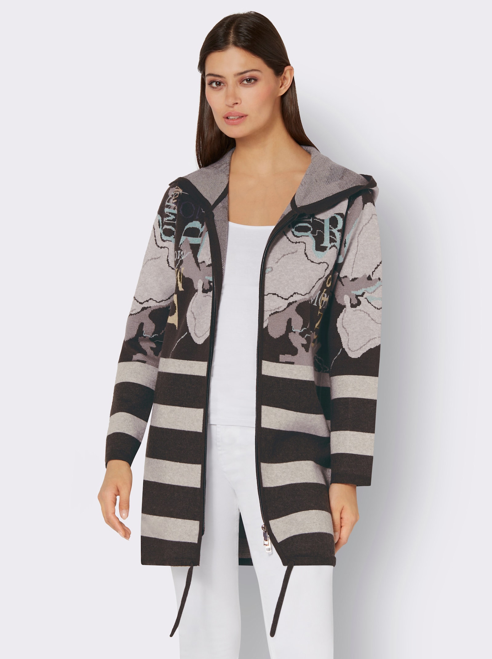 Vest van jacquard met capuchon - grafiet/lichtgrijs gedessineerd