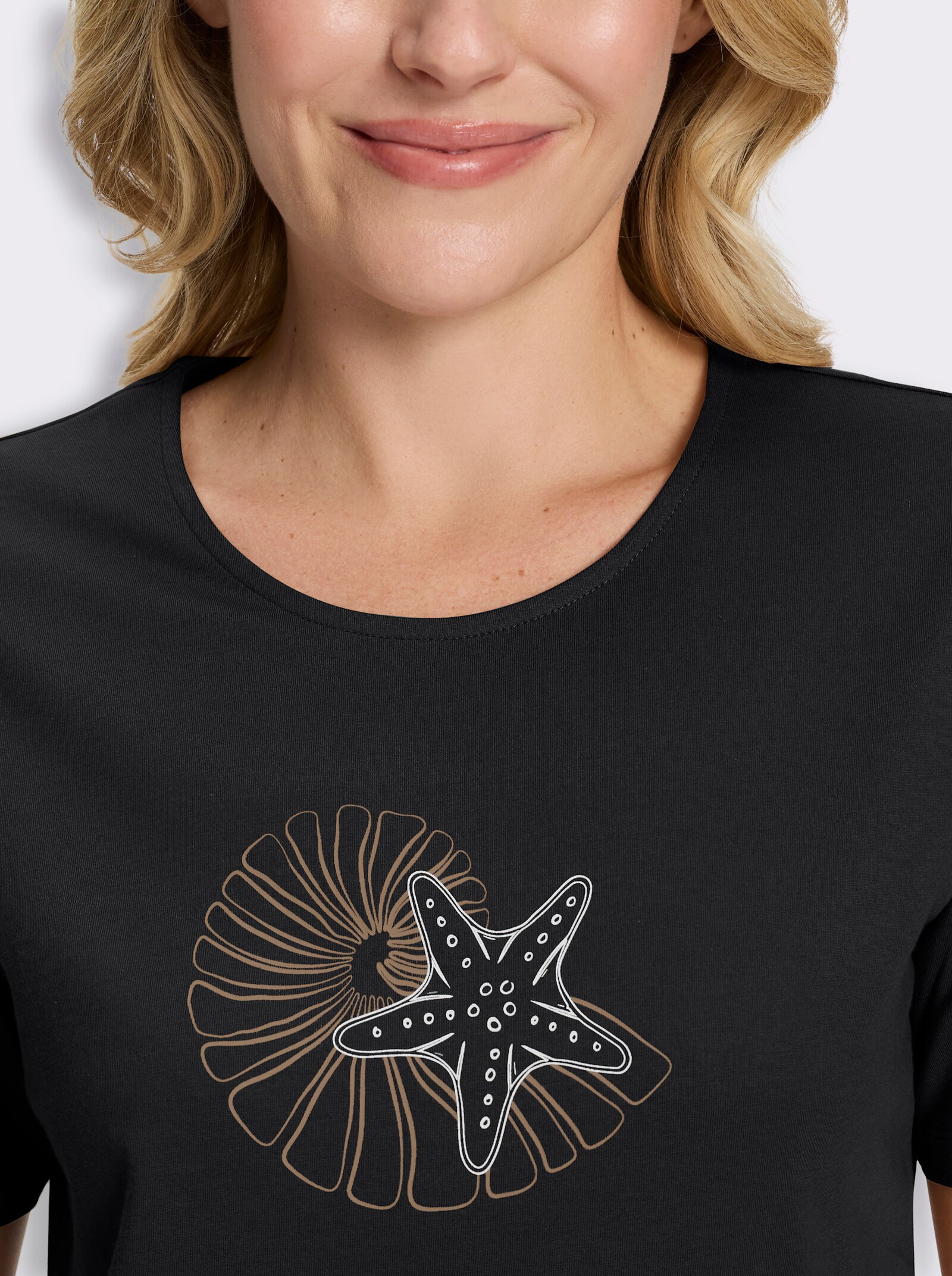 Kurzarmshirt im Muschel-Dessin - schwarz-camel