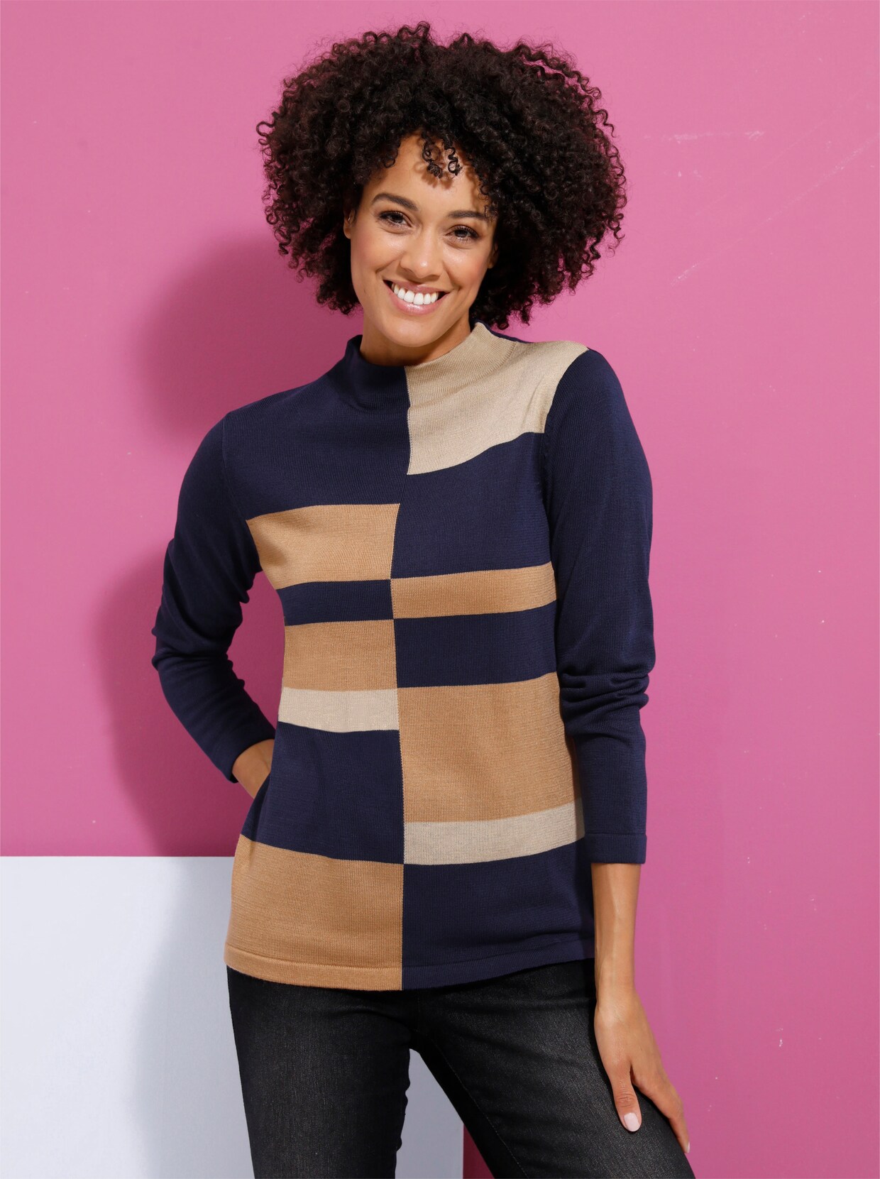 Pullover met lange mouwen - nachtblauw/camel gedessineerd