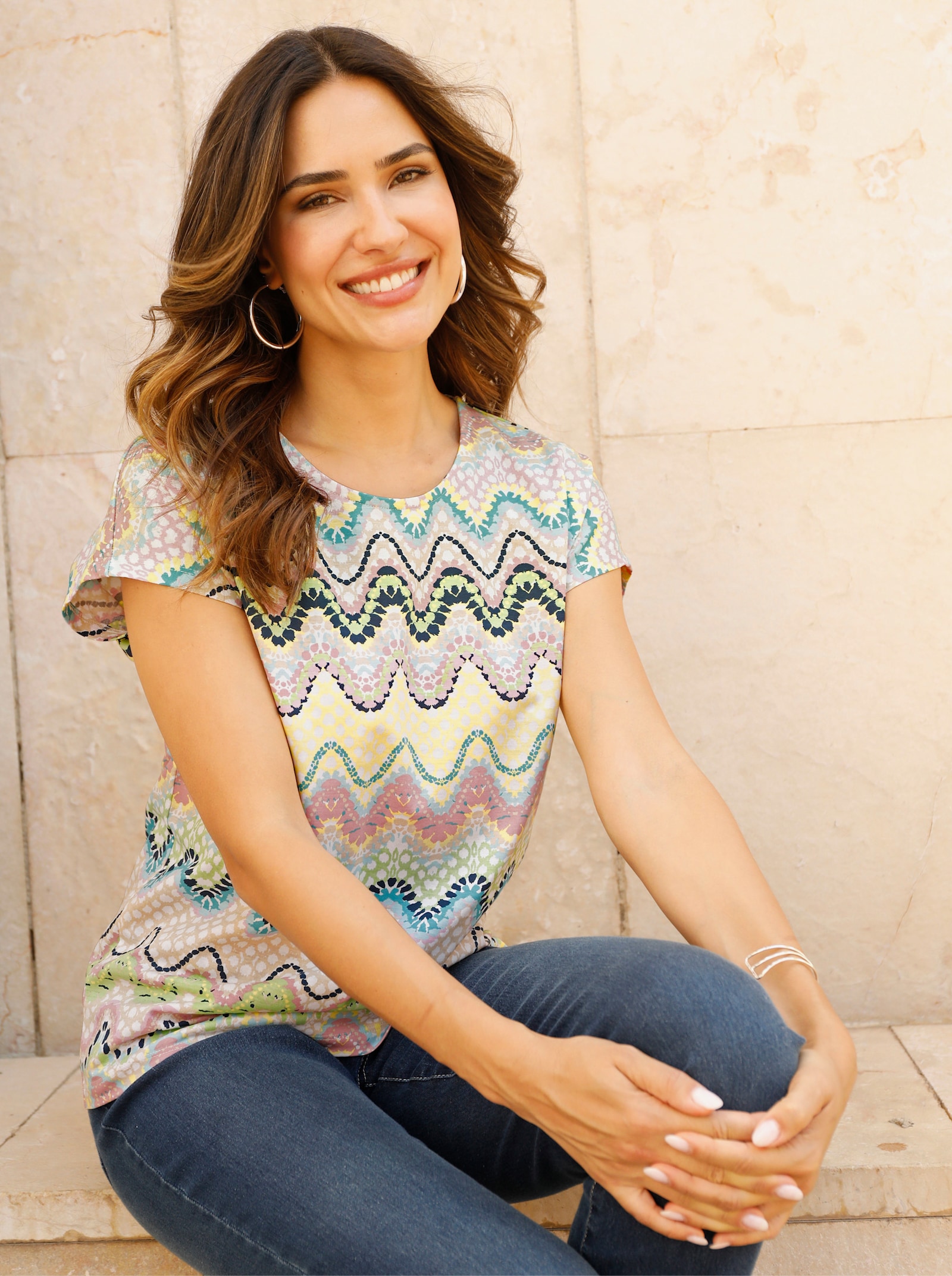 Shirt met korte mouwen in grafisch dessin - ecru/hortensia bedrukt