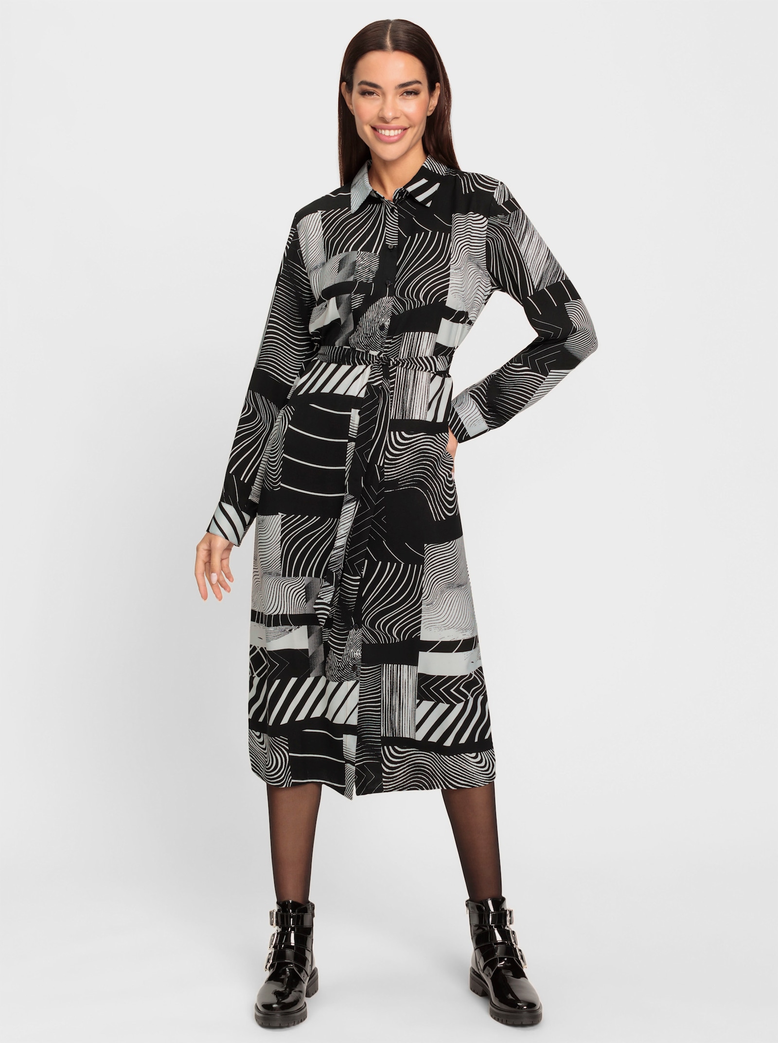 heine Druckkleid mit Stoffgürtel - schwarz-ecru-bedruckt