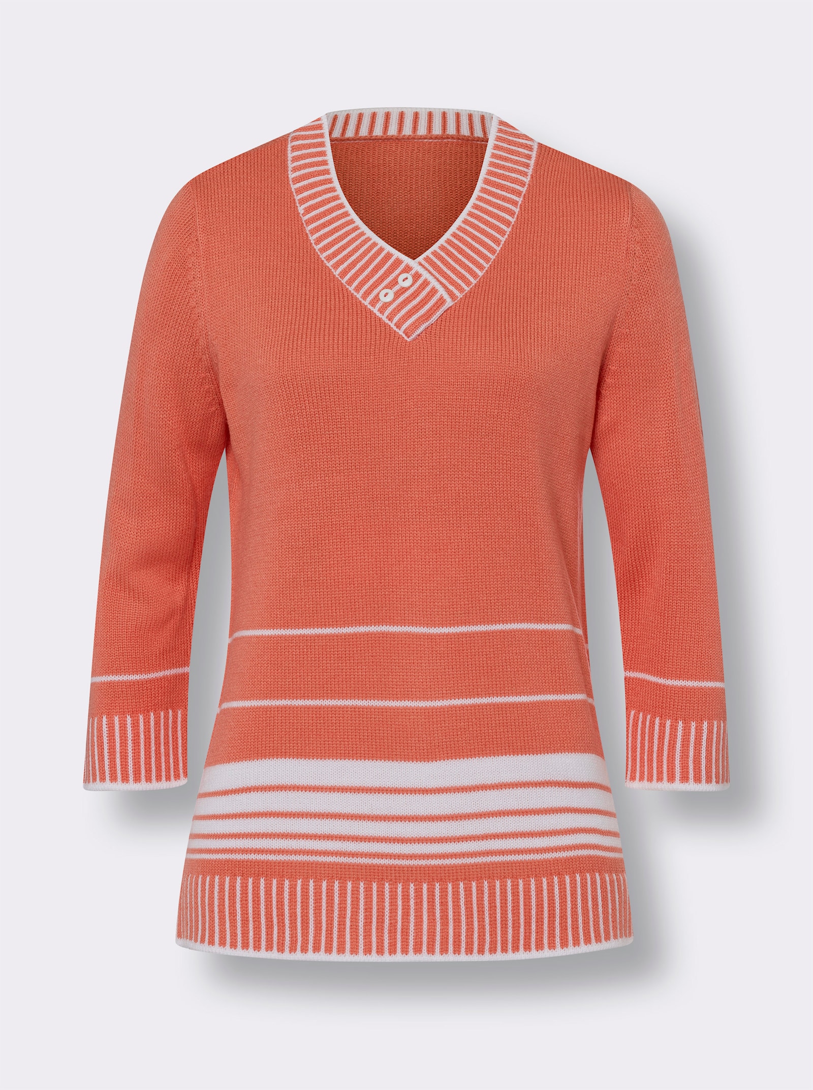 Pullover met V-hals in streepdessin - koraal/wit