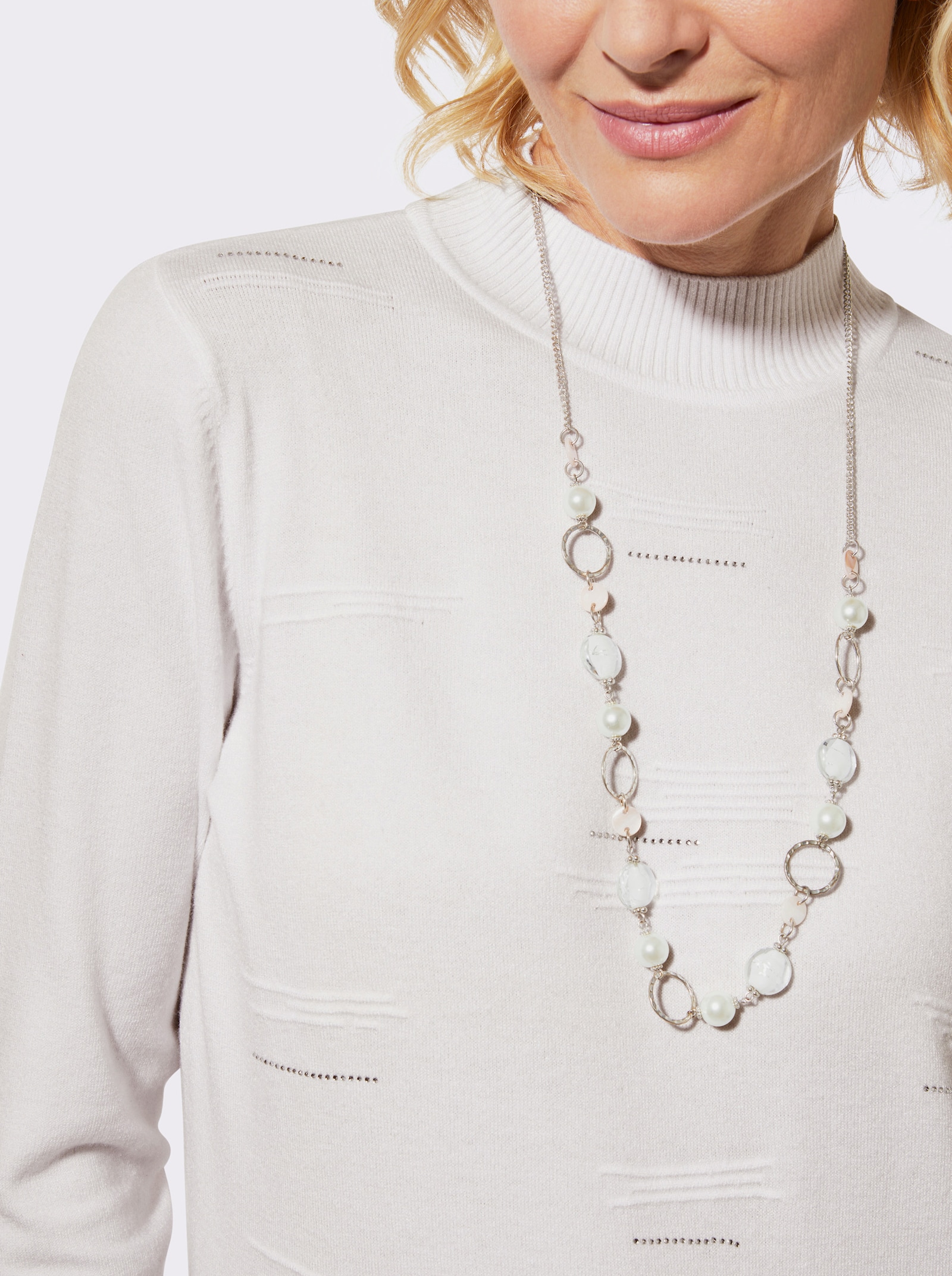 Stehkragenpullover mit Rippmuster und Glitzersteinchen - weiß