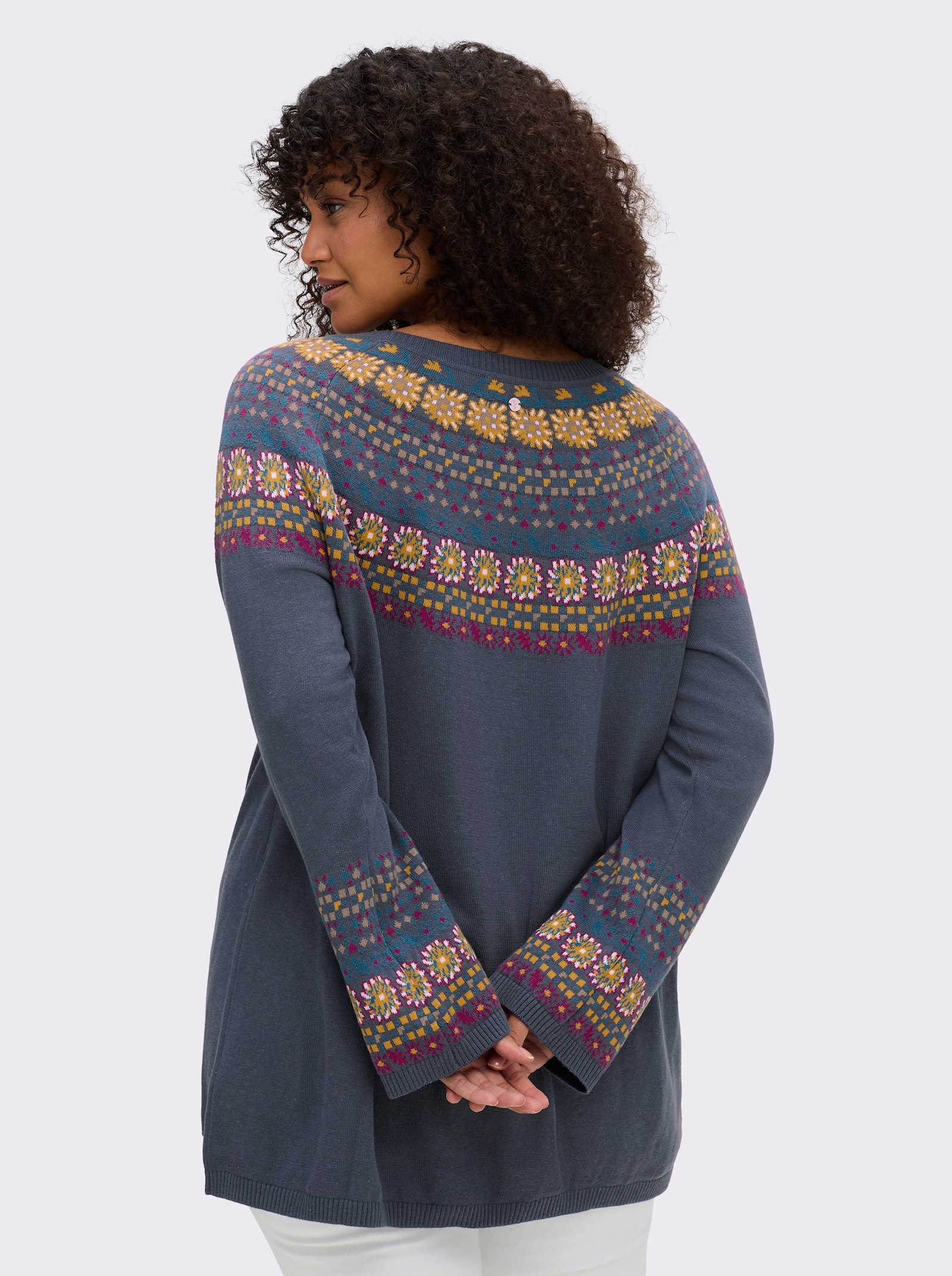 sheego Pullover met Noors jacquardpatroon - rookblauw