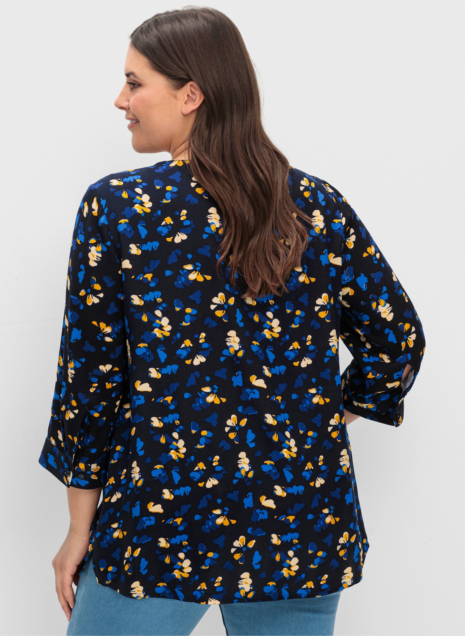 sheego Tunika mit Blumendruck und Knopfleiste - tiefblau-gemustert