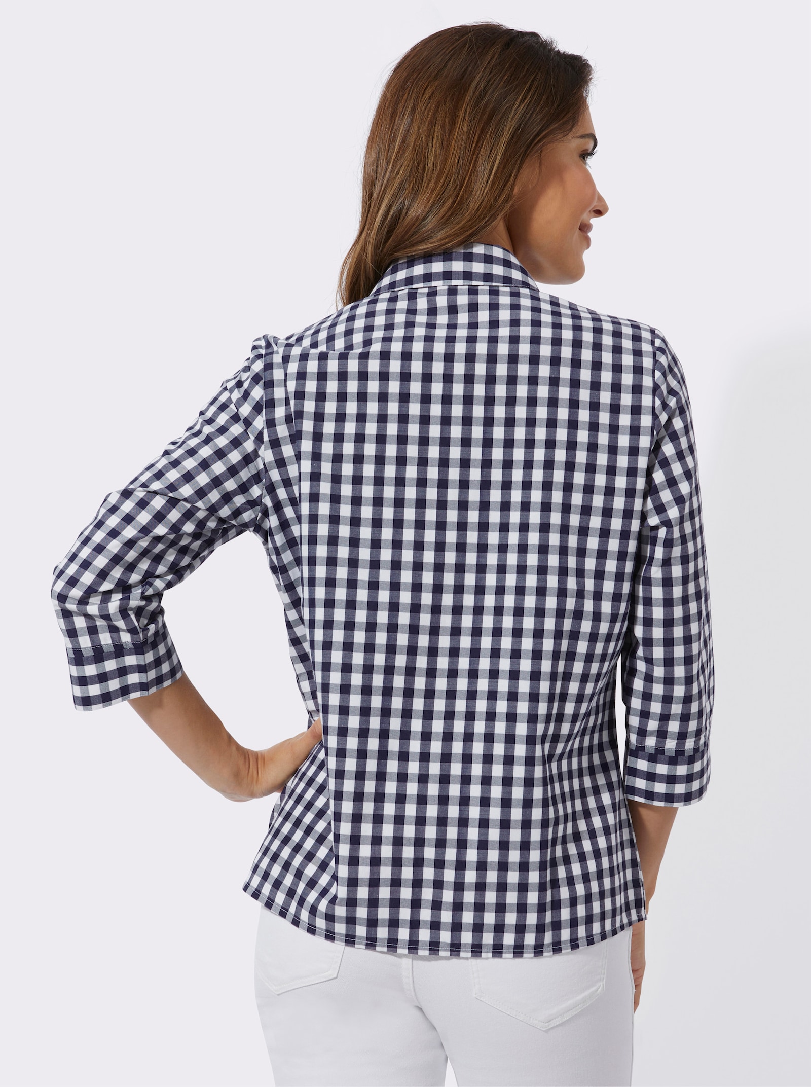 Blus med rysch - marin-vit, rutig