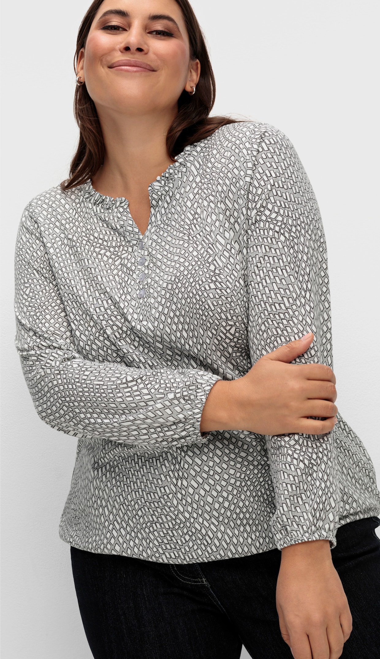 Langarmshirt - steingrau-ecru-bedruckt
