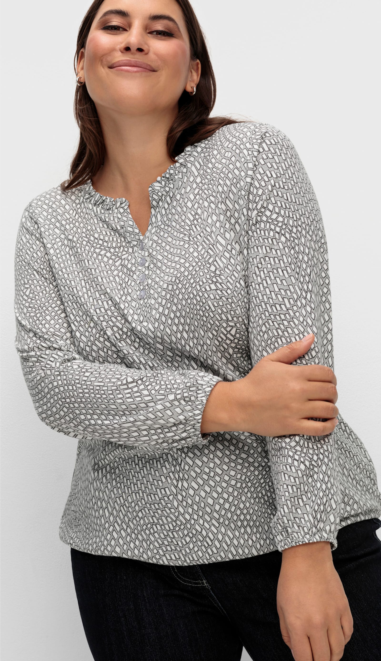 Langarmshirt im Material-Mix - steingrau-ecru-bedruckt