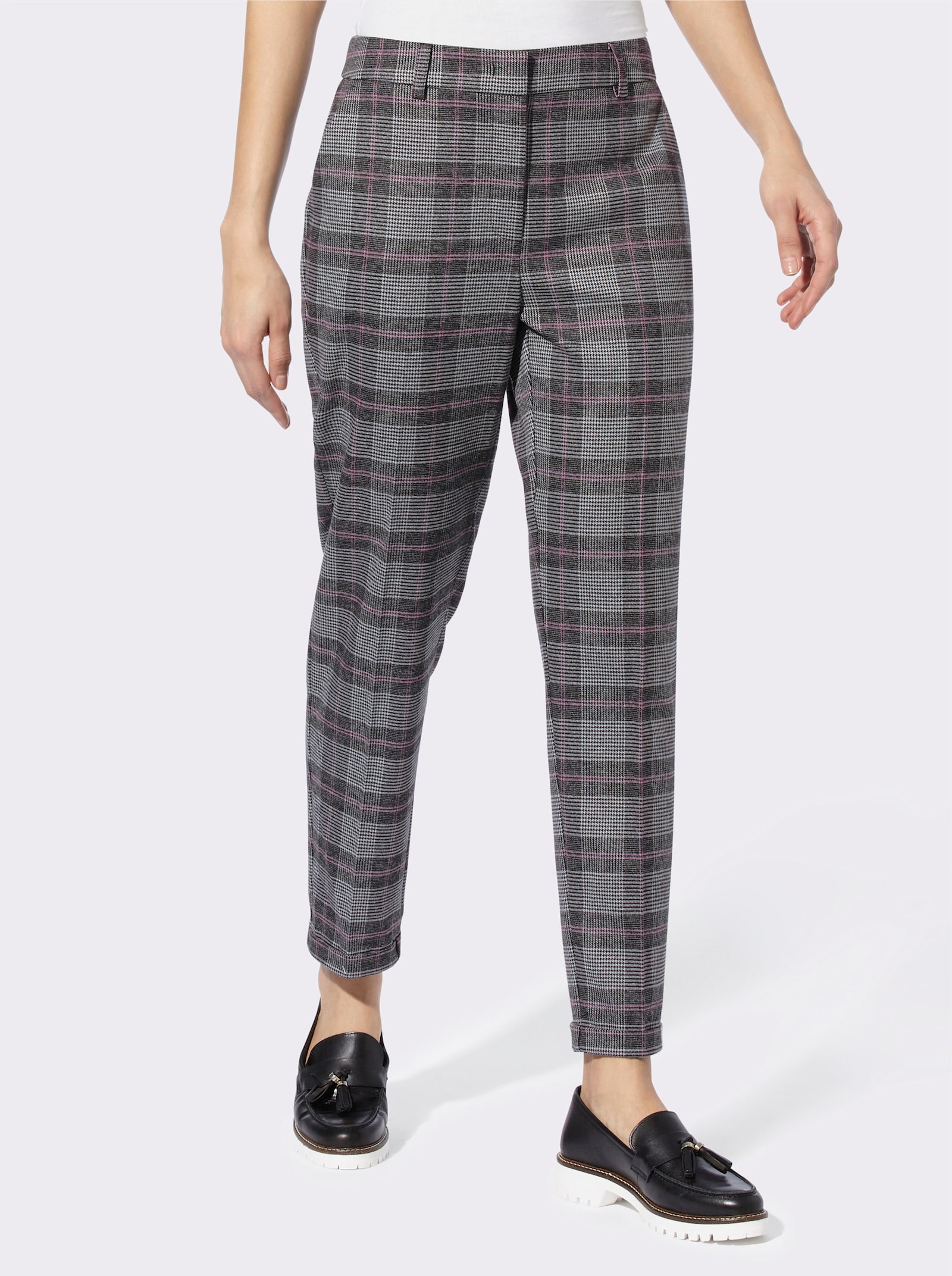 heine Karohose mit Umschlag am Beinabschluss - anthrazit-pink-kariert