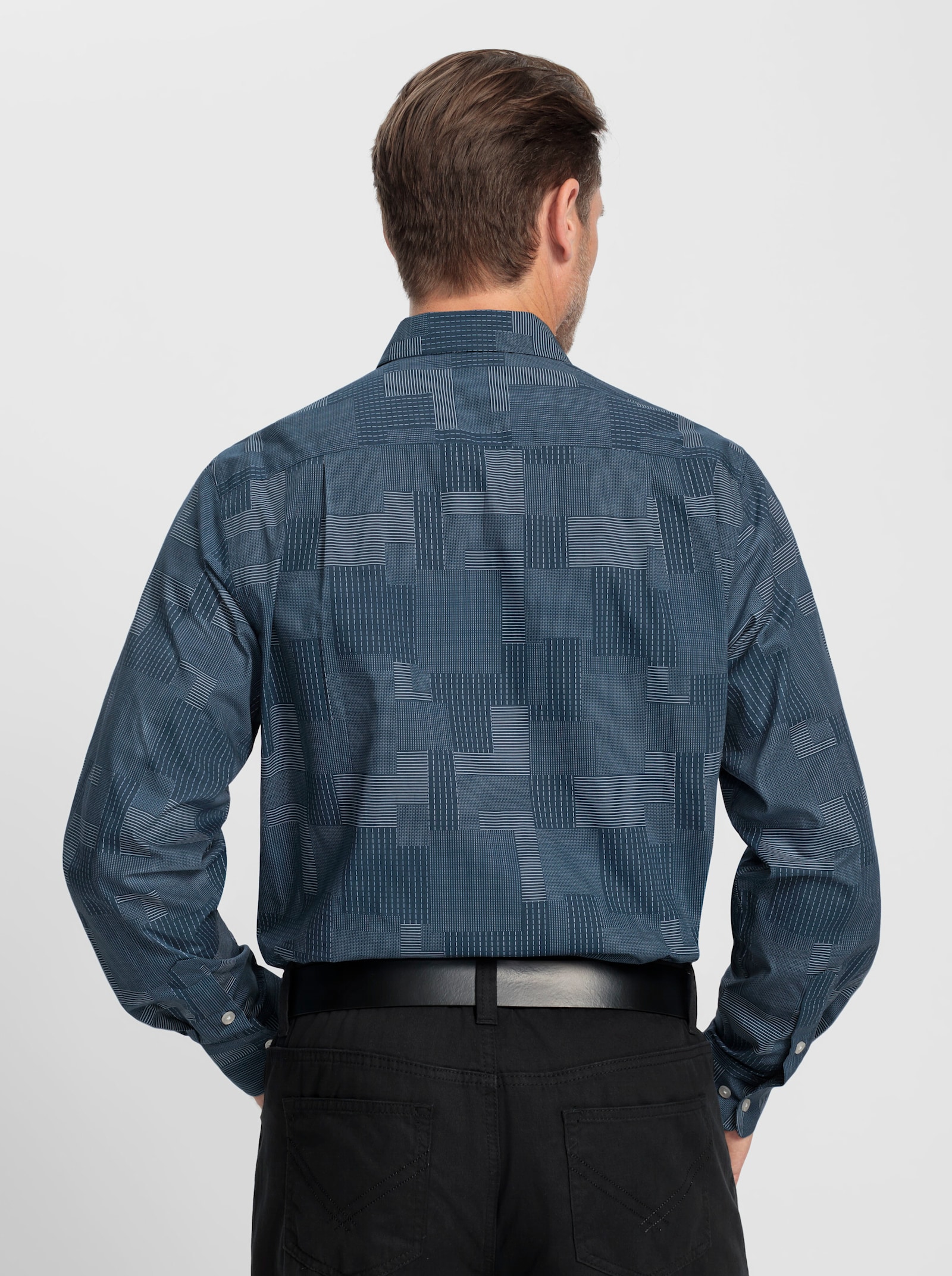 Marco Donati Langarmhemd - rauchblau-weiß-gemustert