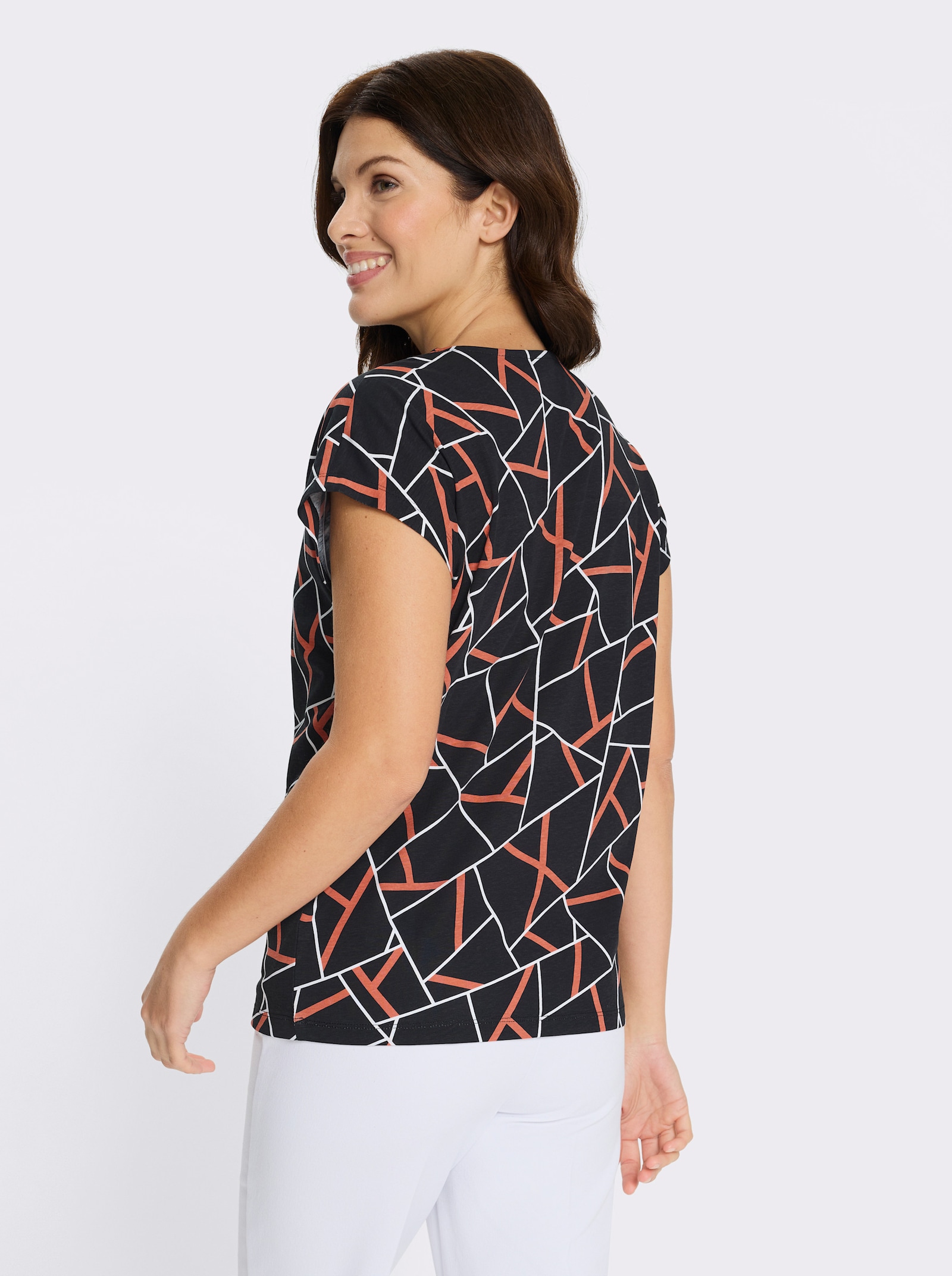 Kurzarmshirt mit Grafik-Print vorne - schwarz-papaya-bedruckt