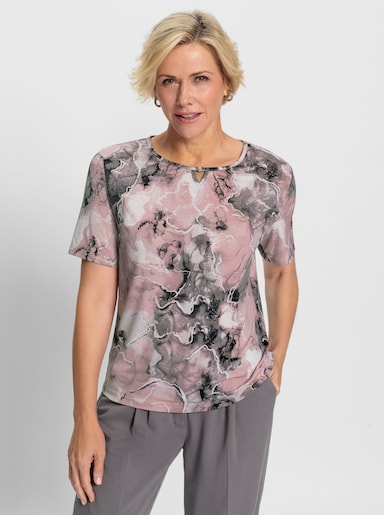 Rundhalsshirt mit Zierschnalle - rosé-steingrau-bedruckt