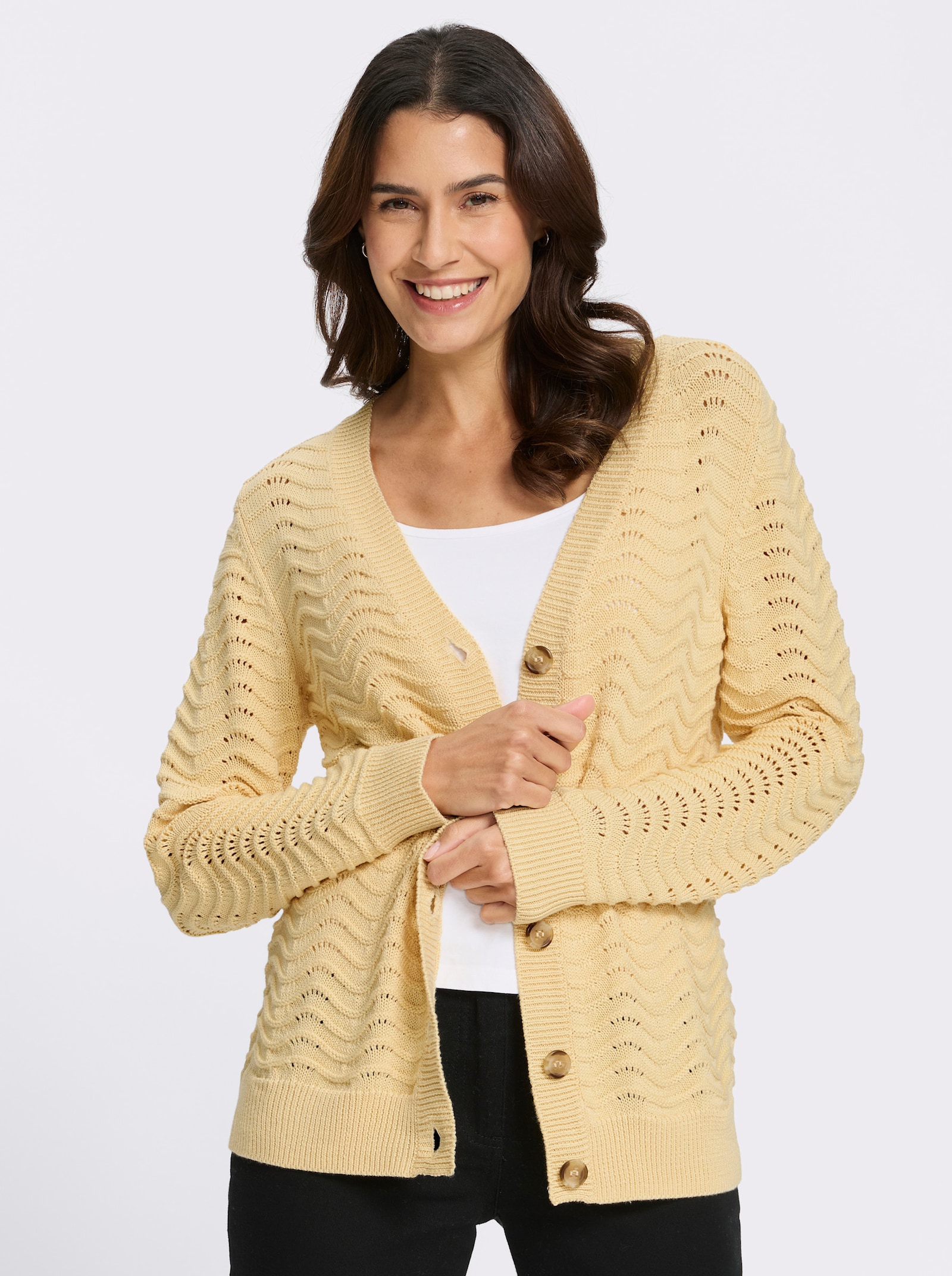 Strickjacke mit wellenförmigem Ajourmuster - vanille