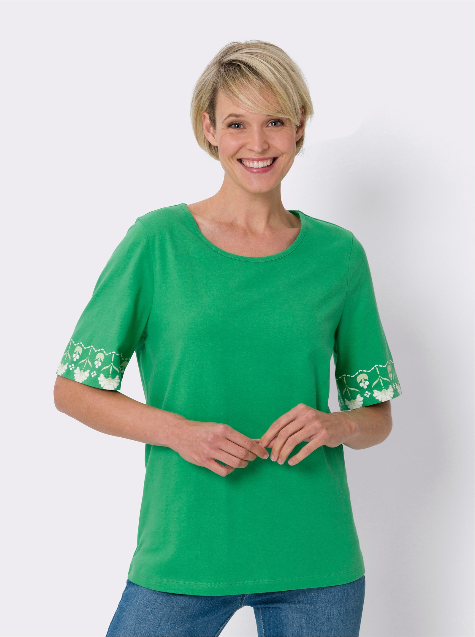 Kurzarmshirt mit Bordüren-Druck - grasgrün-weiß