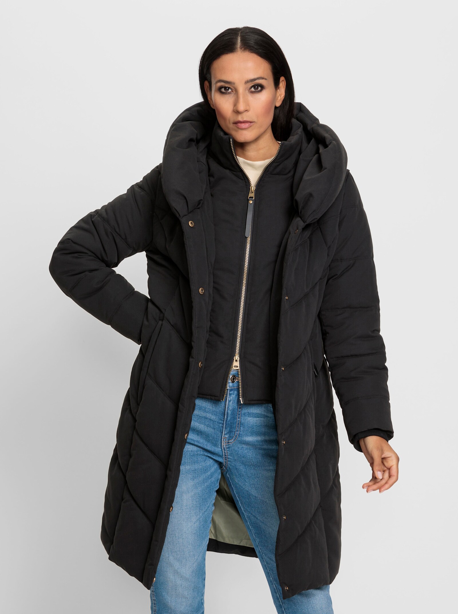 heine Doorgestikte mantel met capuchon en inzet - zwart