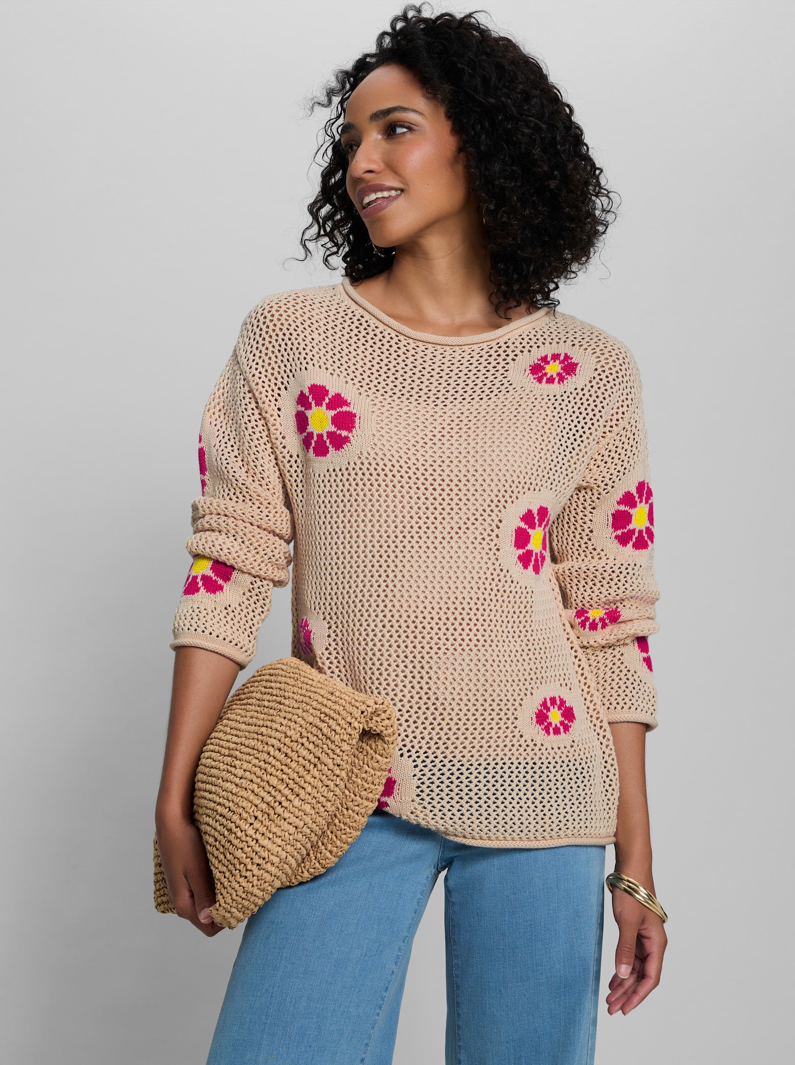 heine Ajourpullover mit Blüten-Jacquard - elfenbein-pink-gemustert