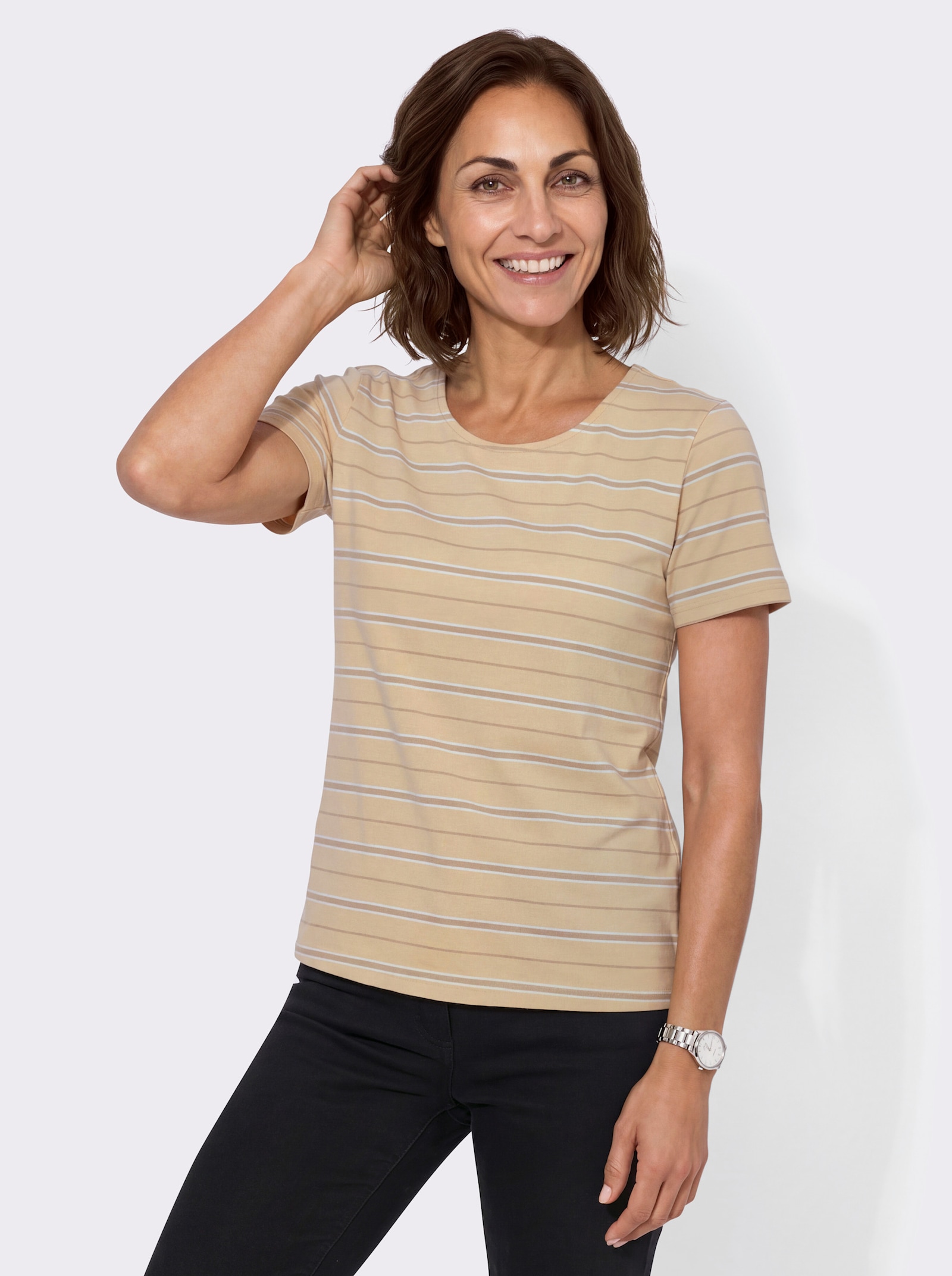 Ringelshirt mit Rundhals-Ausschnitt - vanille-beige-geringelt