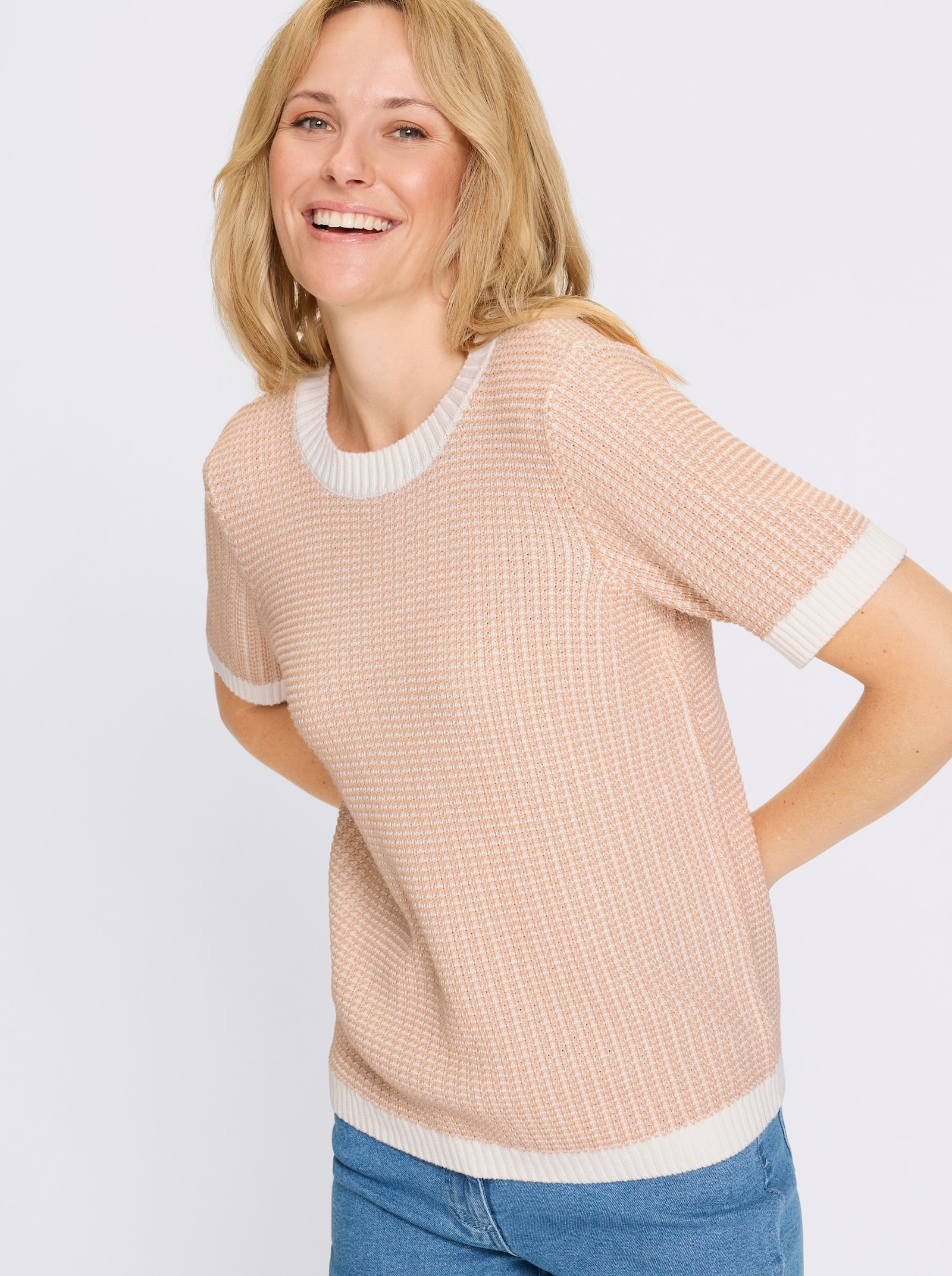 Kurzarmpullover in Baumwoll-Qualität - beige-ecru-gemustert