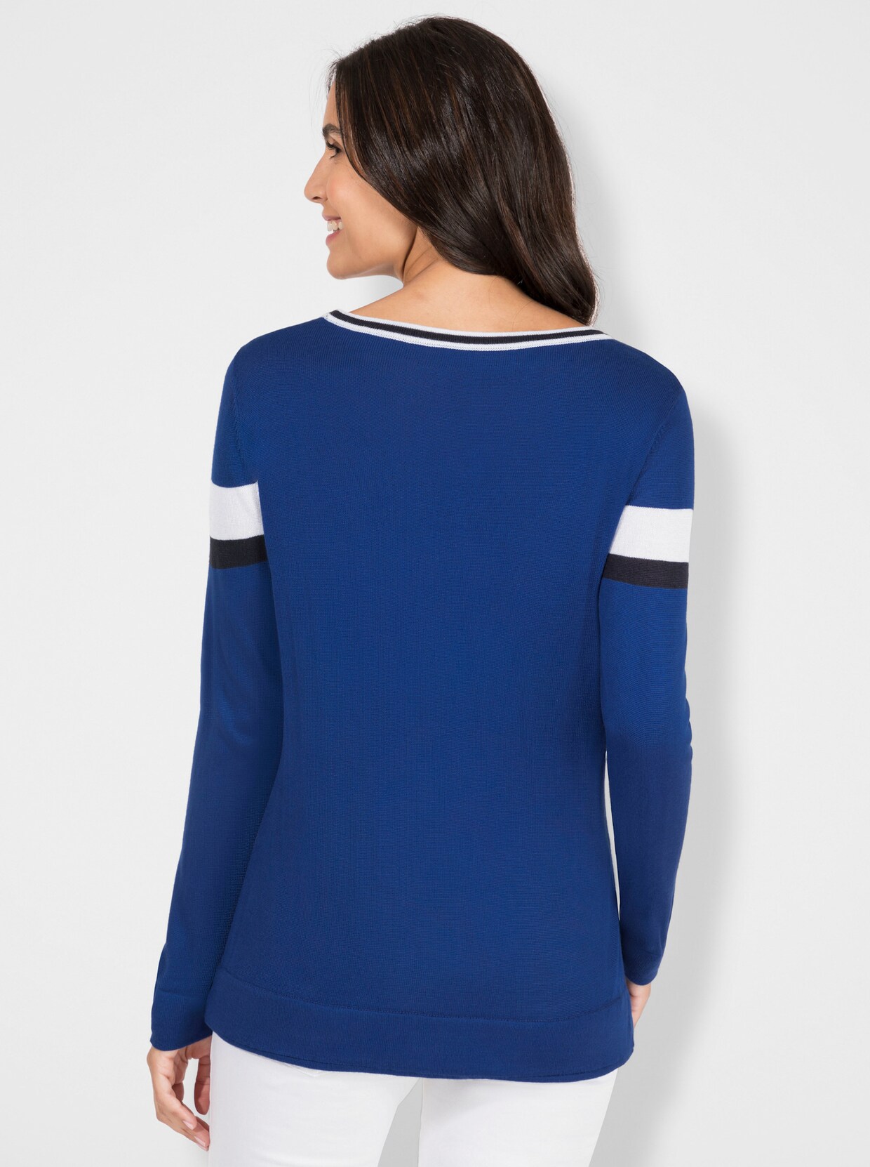 Rundhalspullover - royalblau-ecru-gemustert
