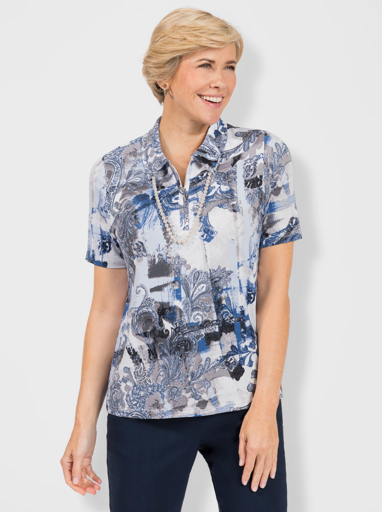 Poloshirt mit Druck-Dessin allover - hellblau-steingrau-bedruckt