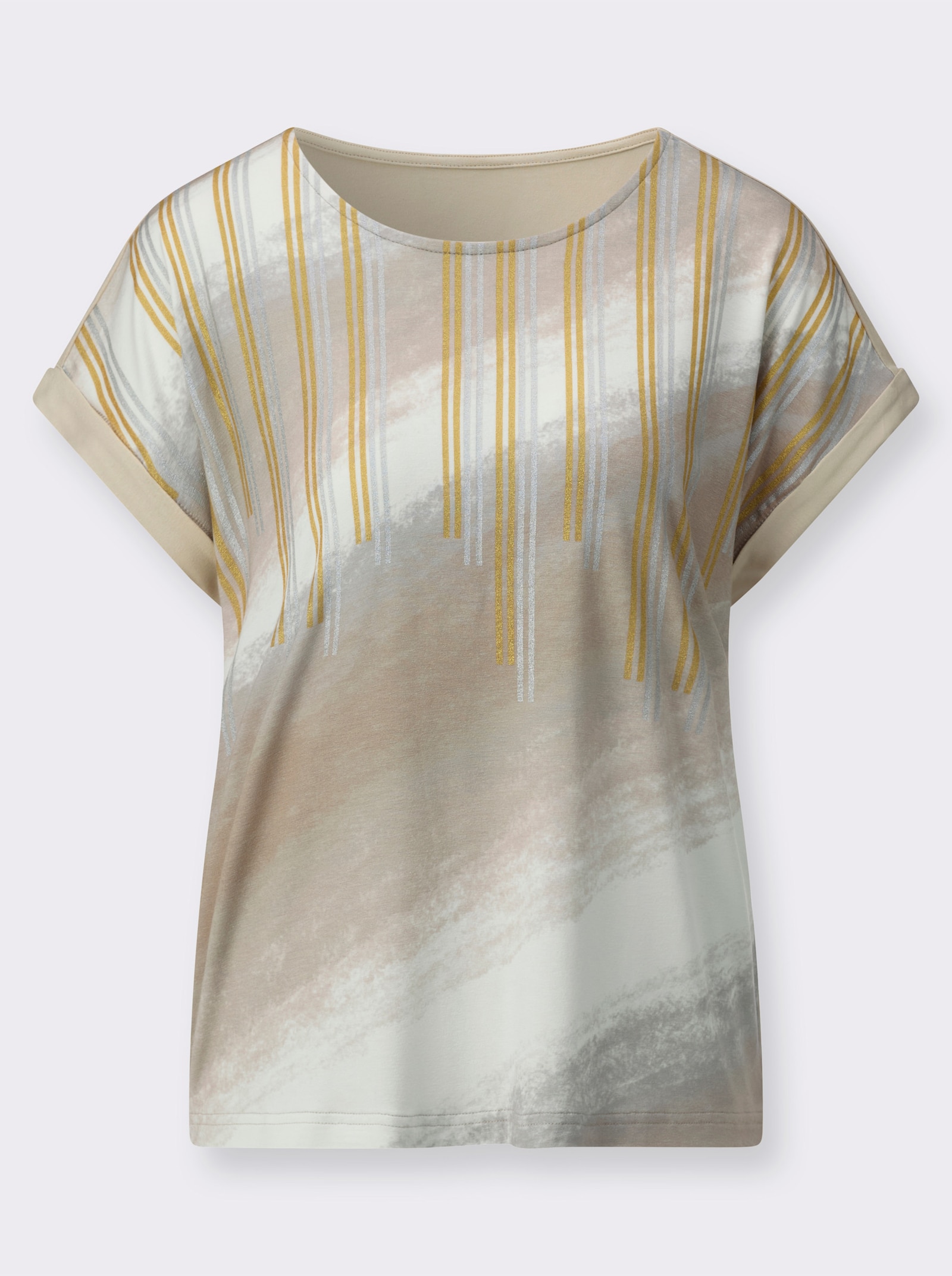 Rundhalsshirt , hinten einfarbig - sand-ecru-bedruckt