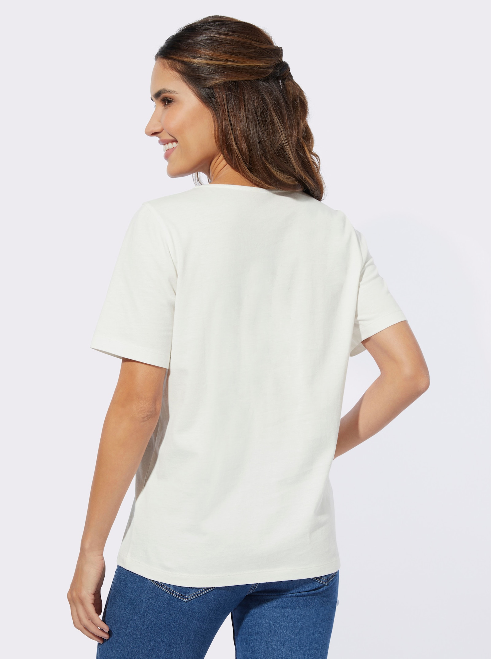 Kurzarmshirt mit Glitzerdruck - ecru-steingrau